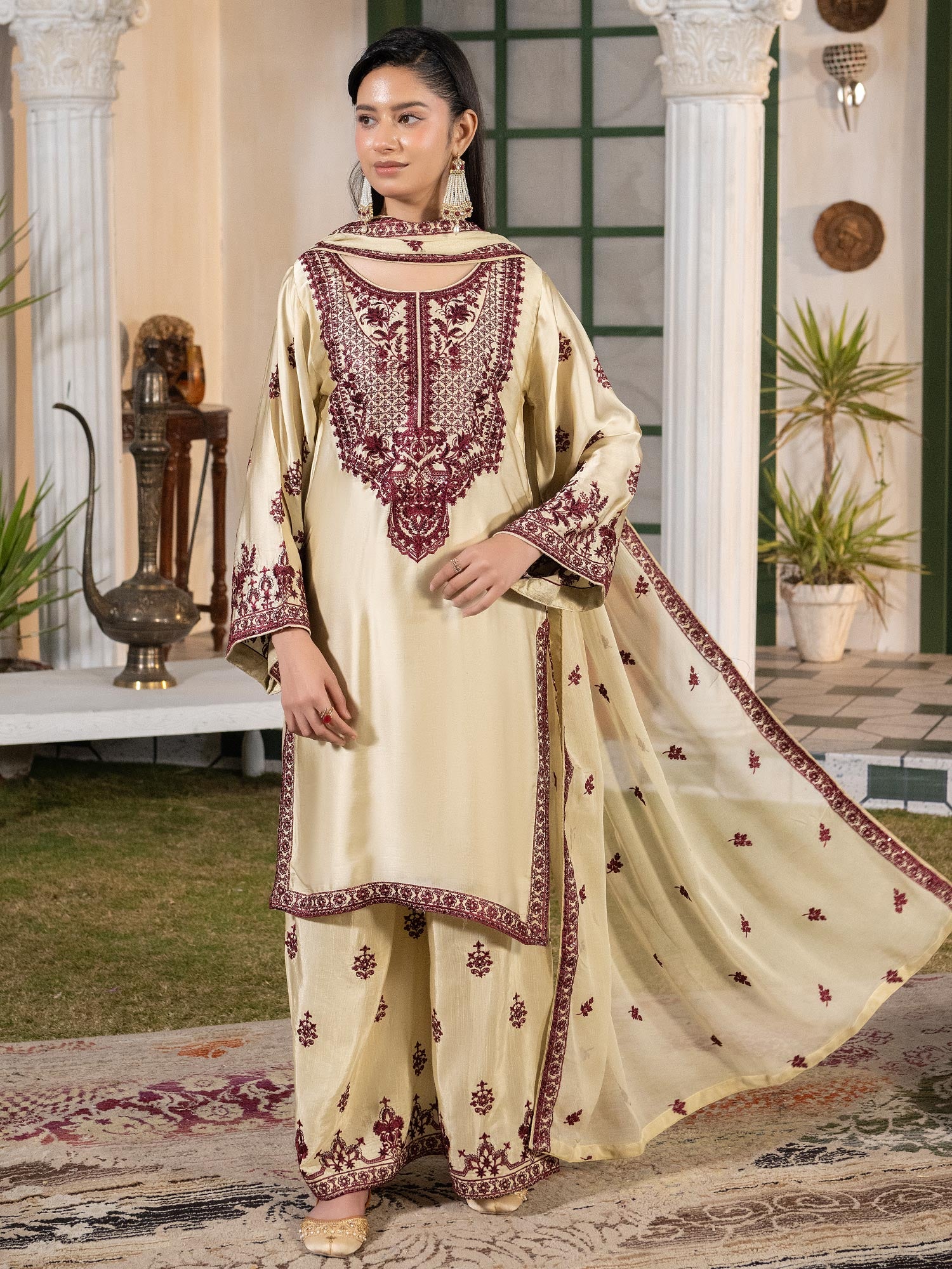 Gold-Beige Embroidered Lux Silk Suit