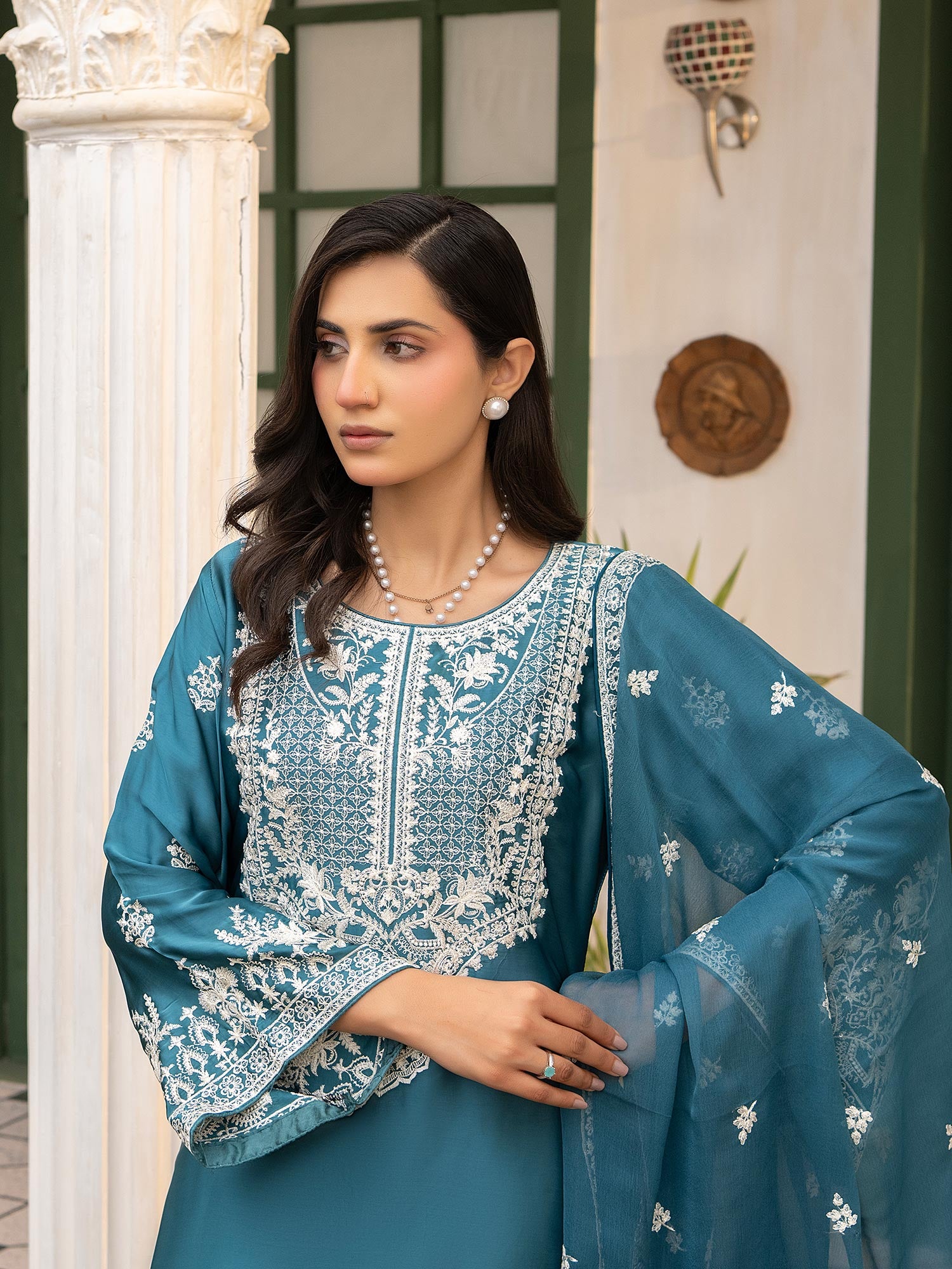 Teal Embroidered Lux Silk Suit