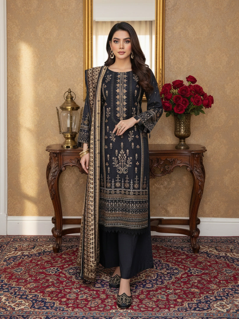 Black Dhanak 3-Piece Suit with Shawl