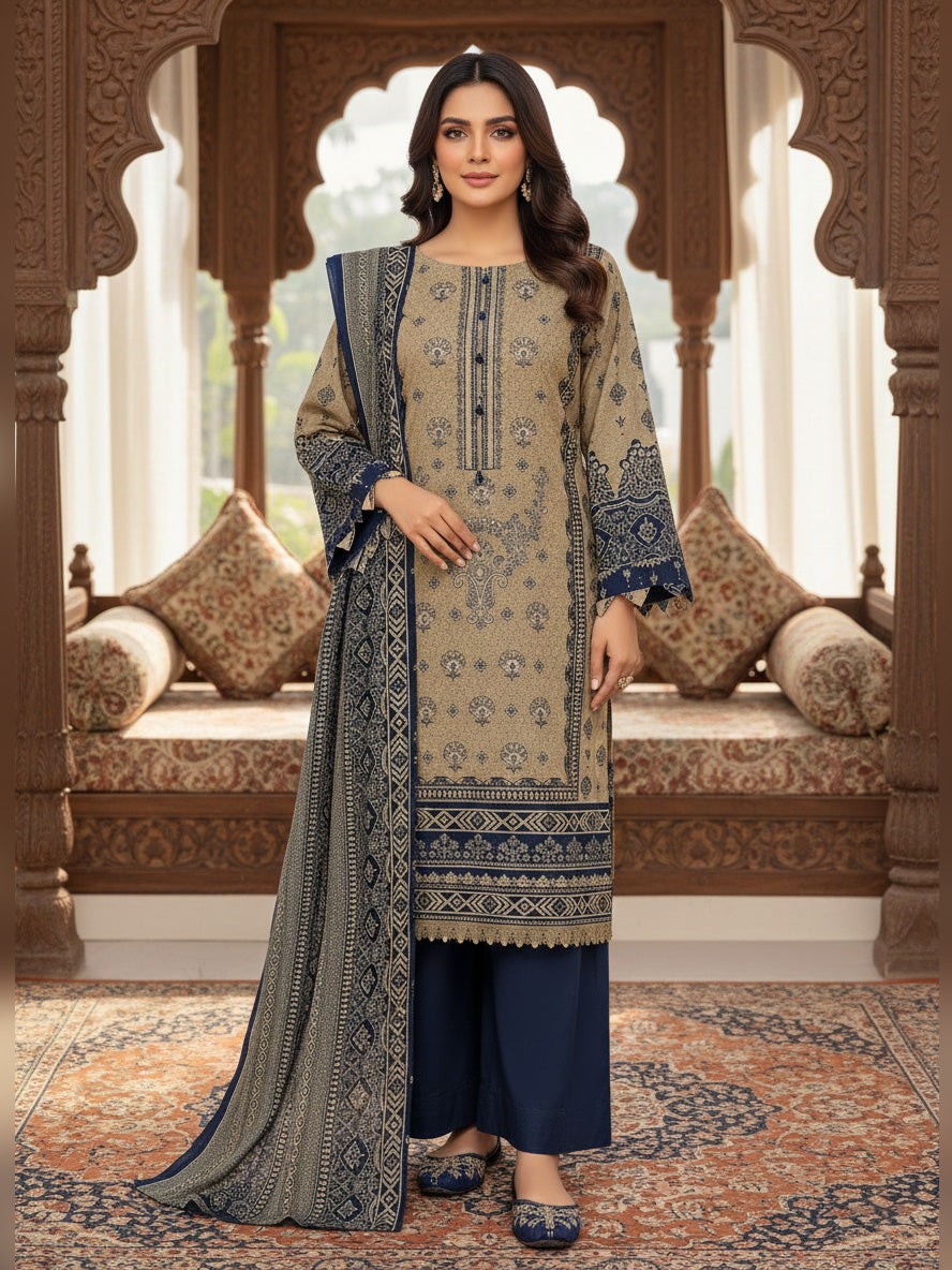 Brown & Navy Dhanak 3-Piece Suit with Shawl