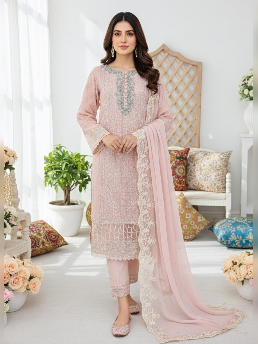 Peach Luxury Embroidered Chiffon Suit