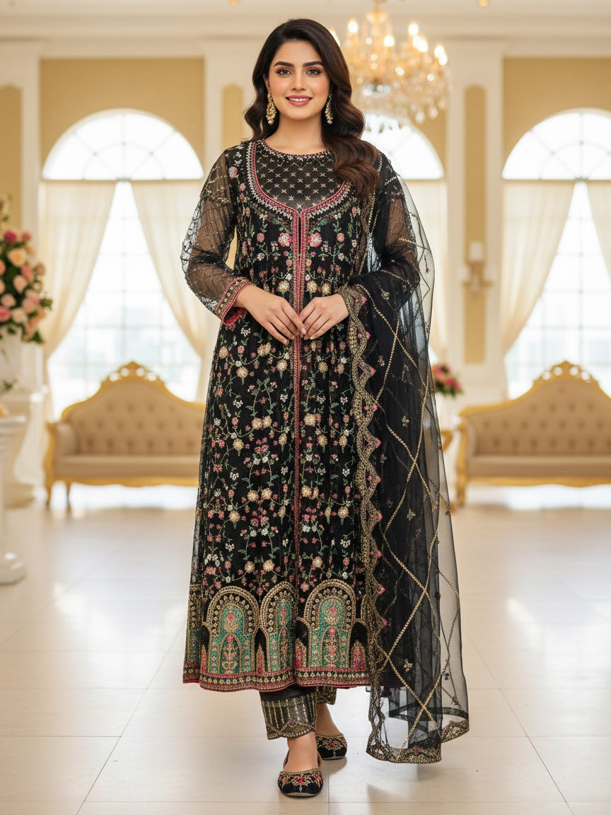 Luxury Embroidered 3pc Gown Suit - Black