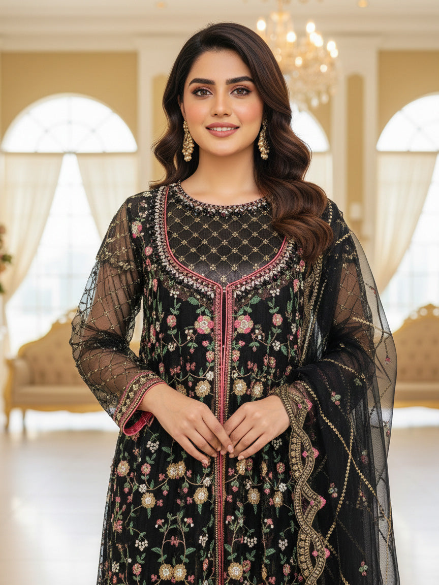 Luxury Embroidered 3pc Gown Suit - Black