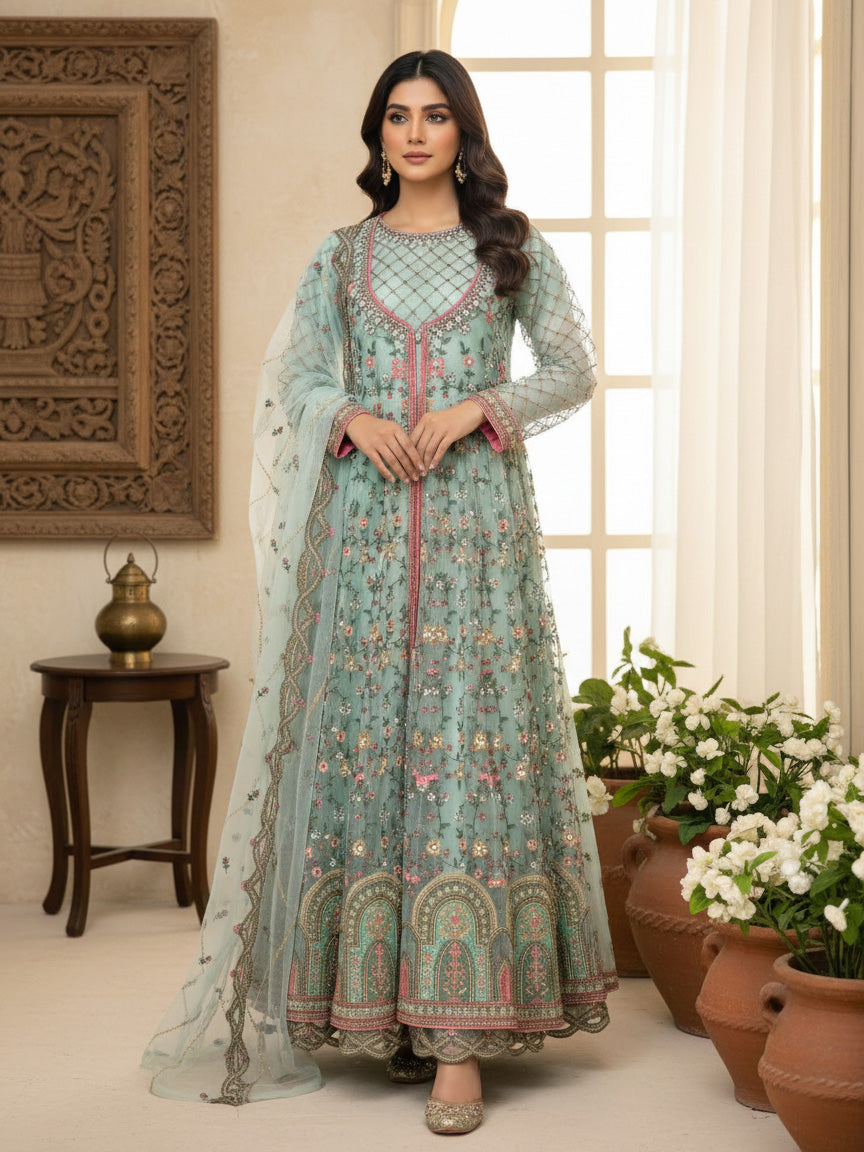 Luxury Embroidered 3pc Gown Suit - Ice-Blue
