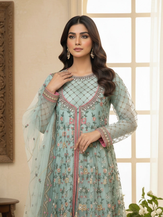 Luxury Embroidered 3pc Gown Suit - Ice-Blue