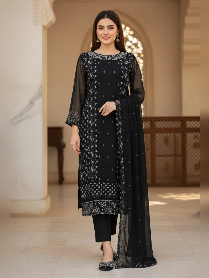 Black Chiffon Embroidered Suit