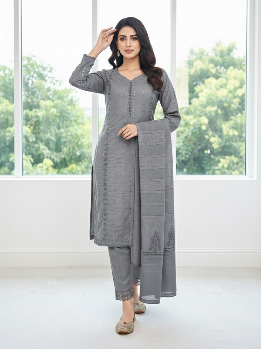 Grey Schiffli Dhanak 3-Piece Suit with Shawl