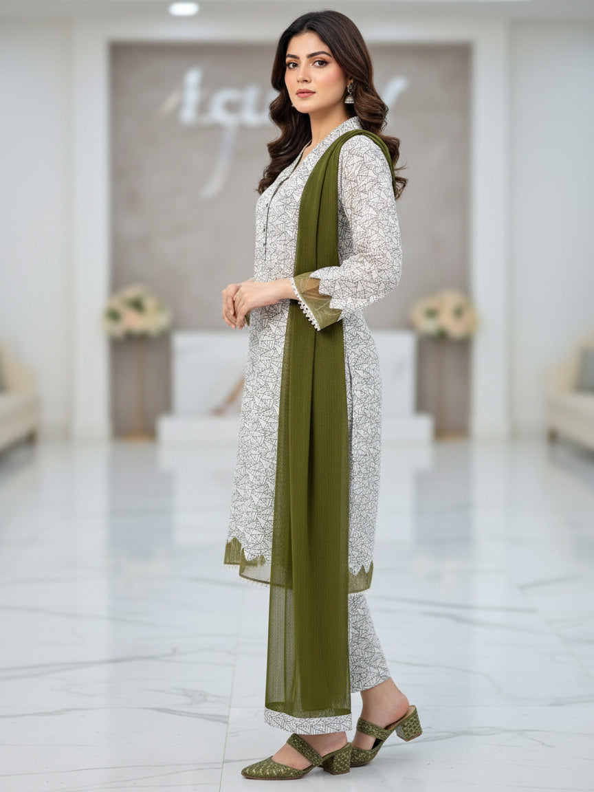 White & Olive Marina Printed Casual 3-Piece Suit