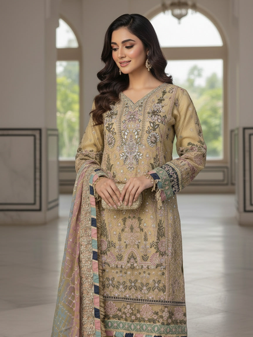 Ally's Gold-Beige Heavy Embroidered Khaadi-Net Suit