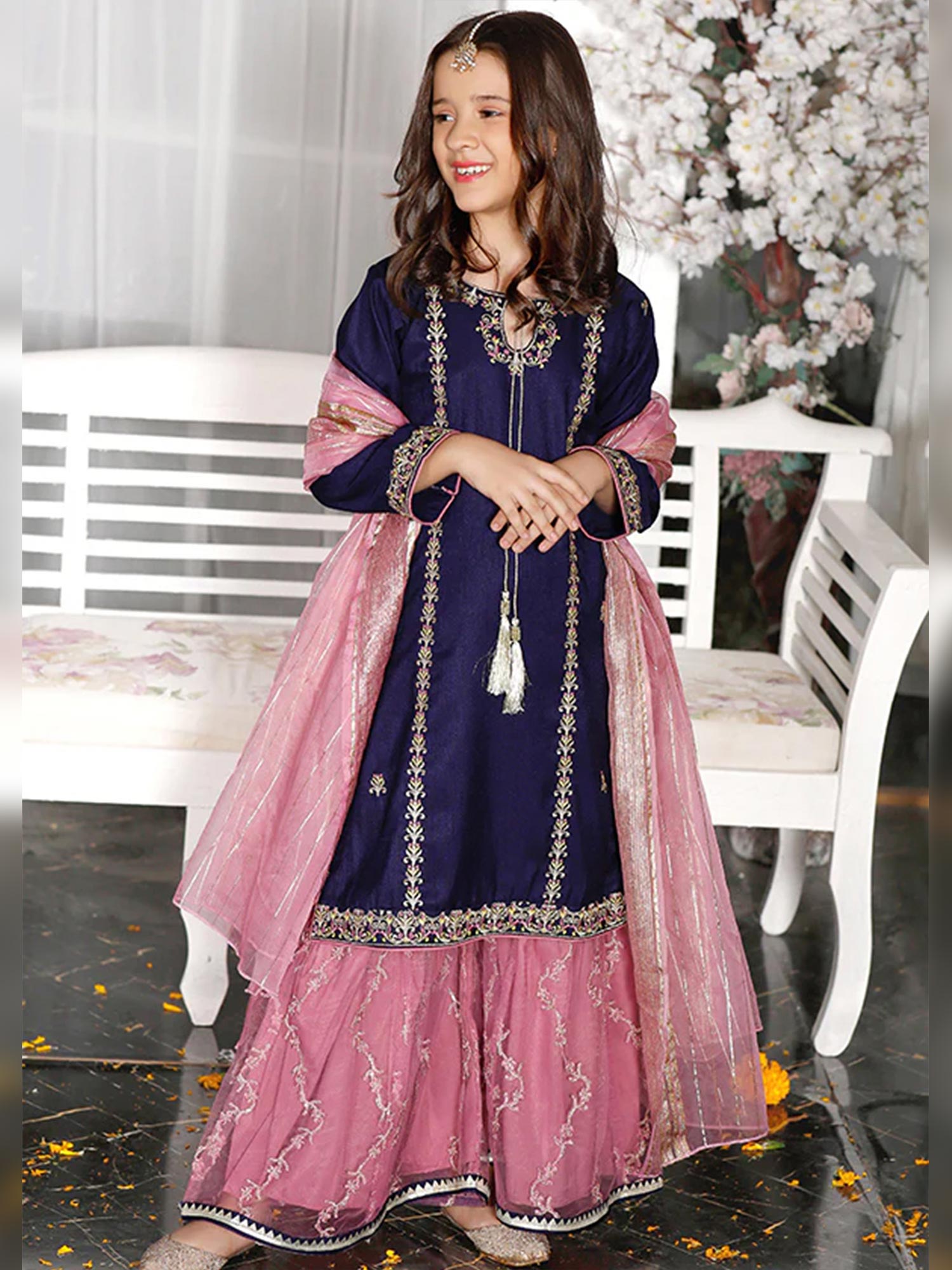 Kids Blue Rawsilk Suit with Pink Gharara