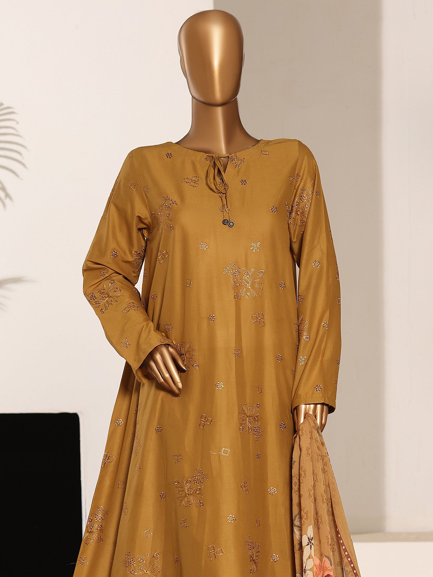 HZ Embroidered Lawn Frock 3-Piece Suit - Honey Mustard