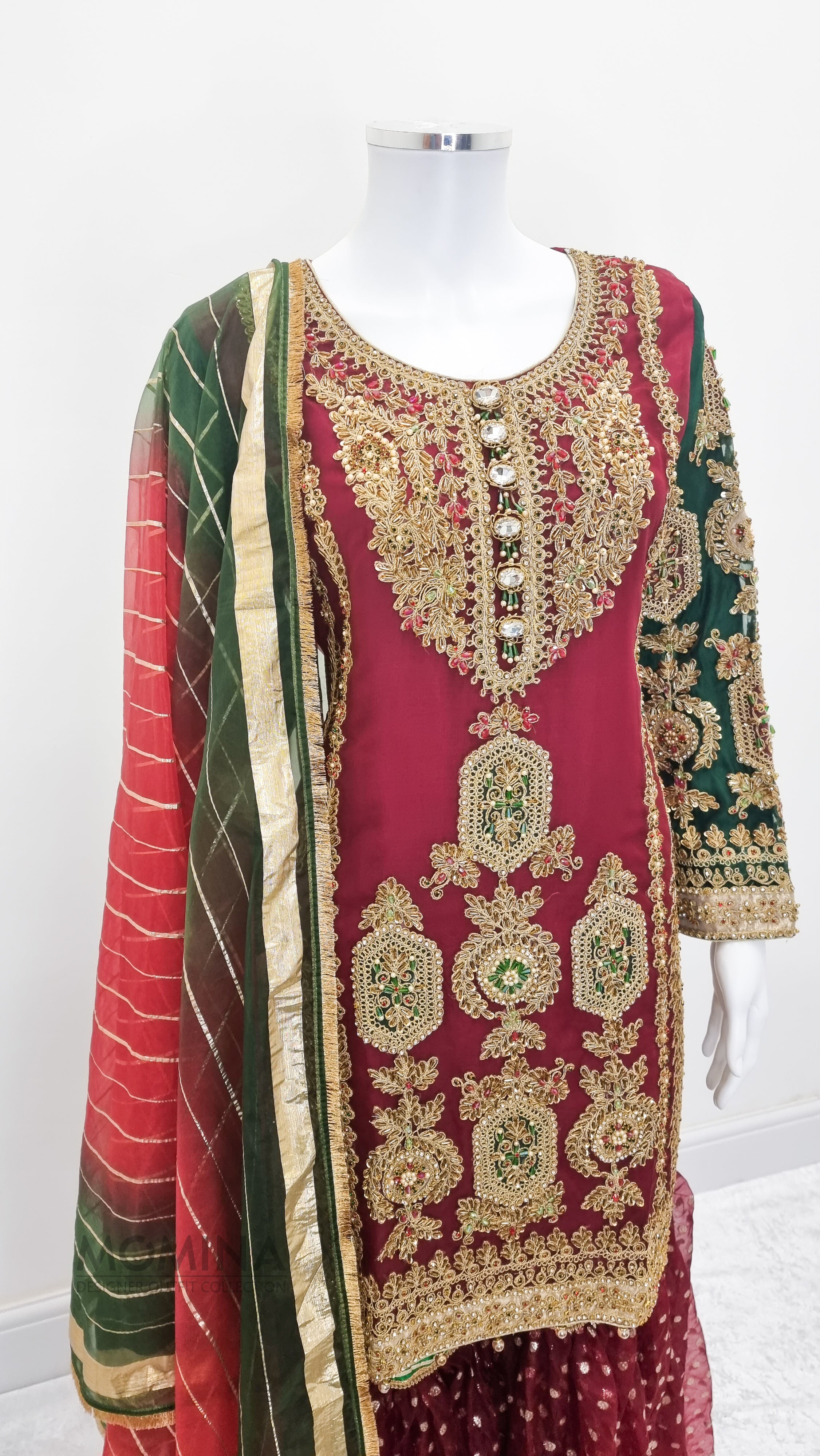 Red Organza Heavy Embroidered 3-Piece Suit with Gharara