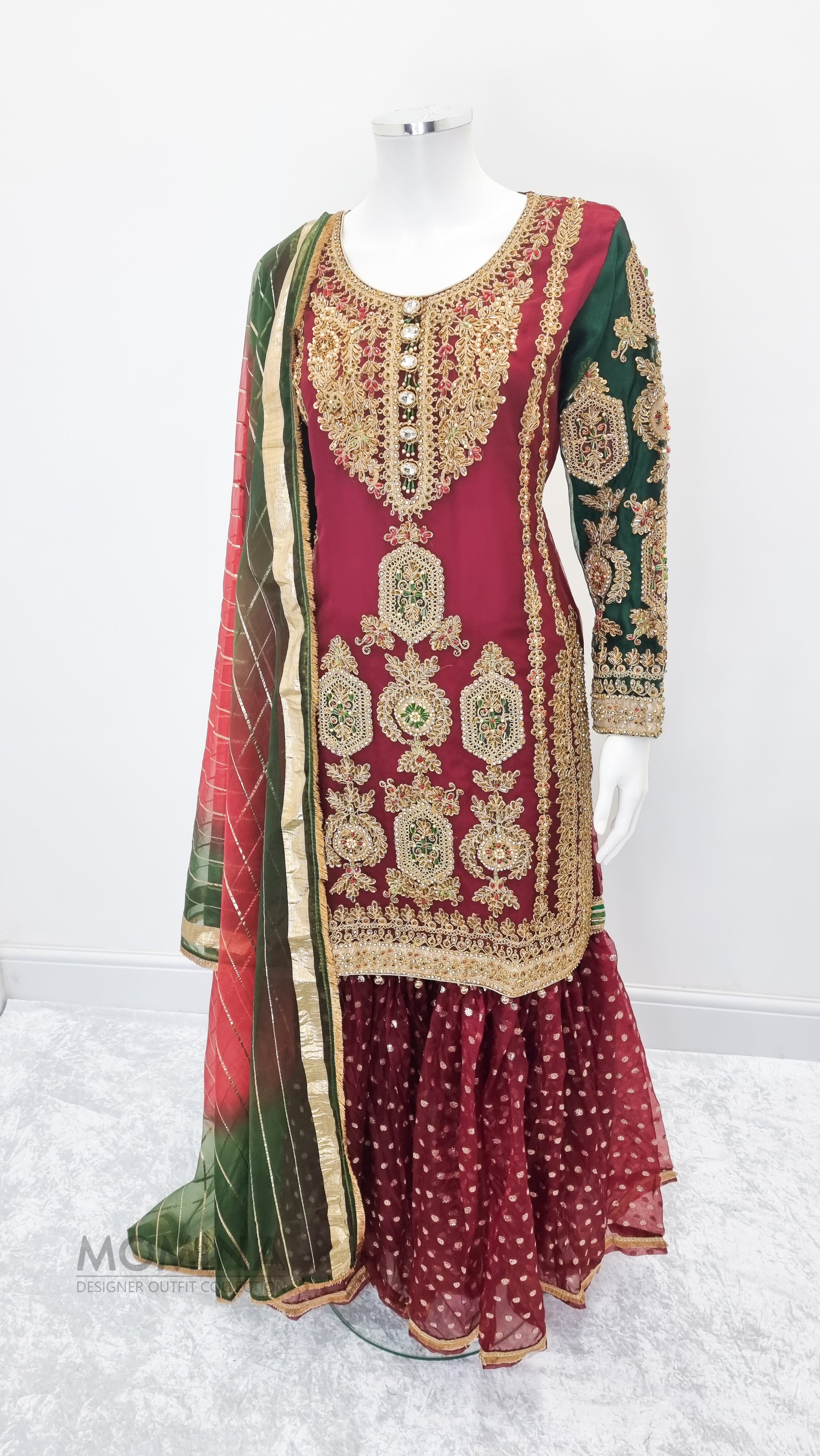 Red Organza Heavy Embroidered 3-Piece Suit with Gharara