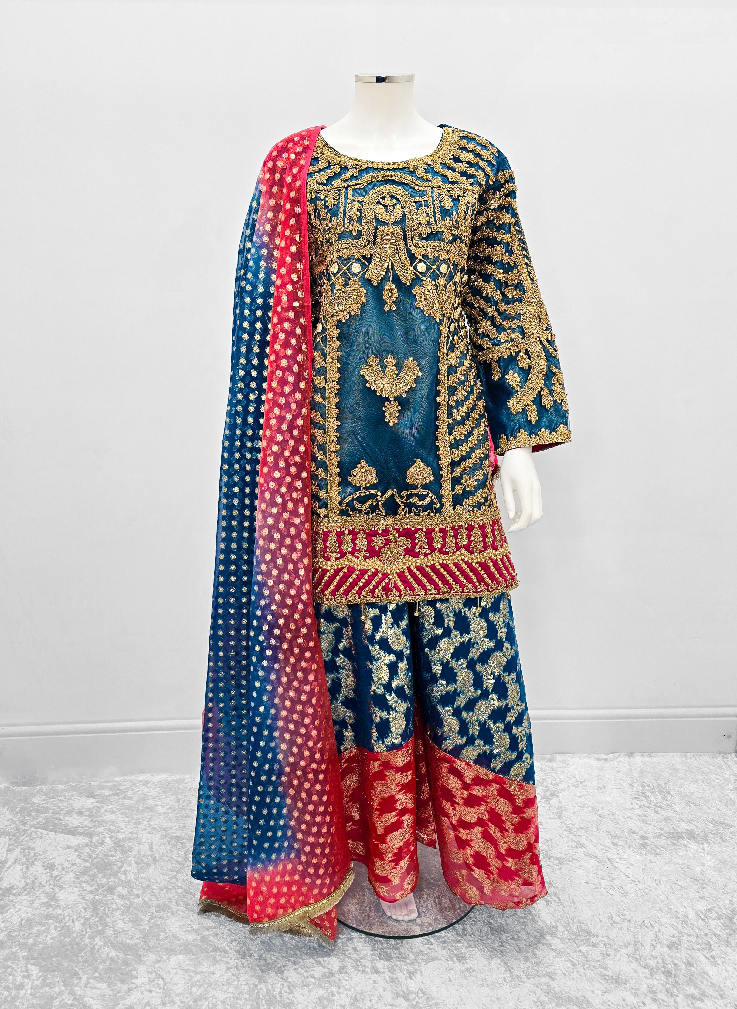 Teal Embroidered Net Suit with Sharara