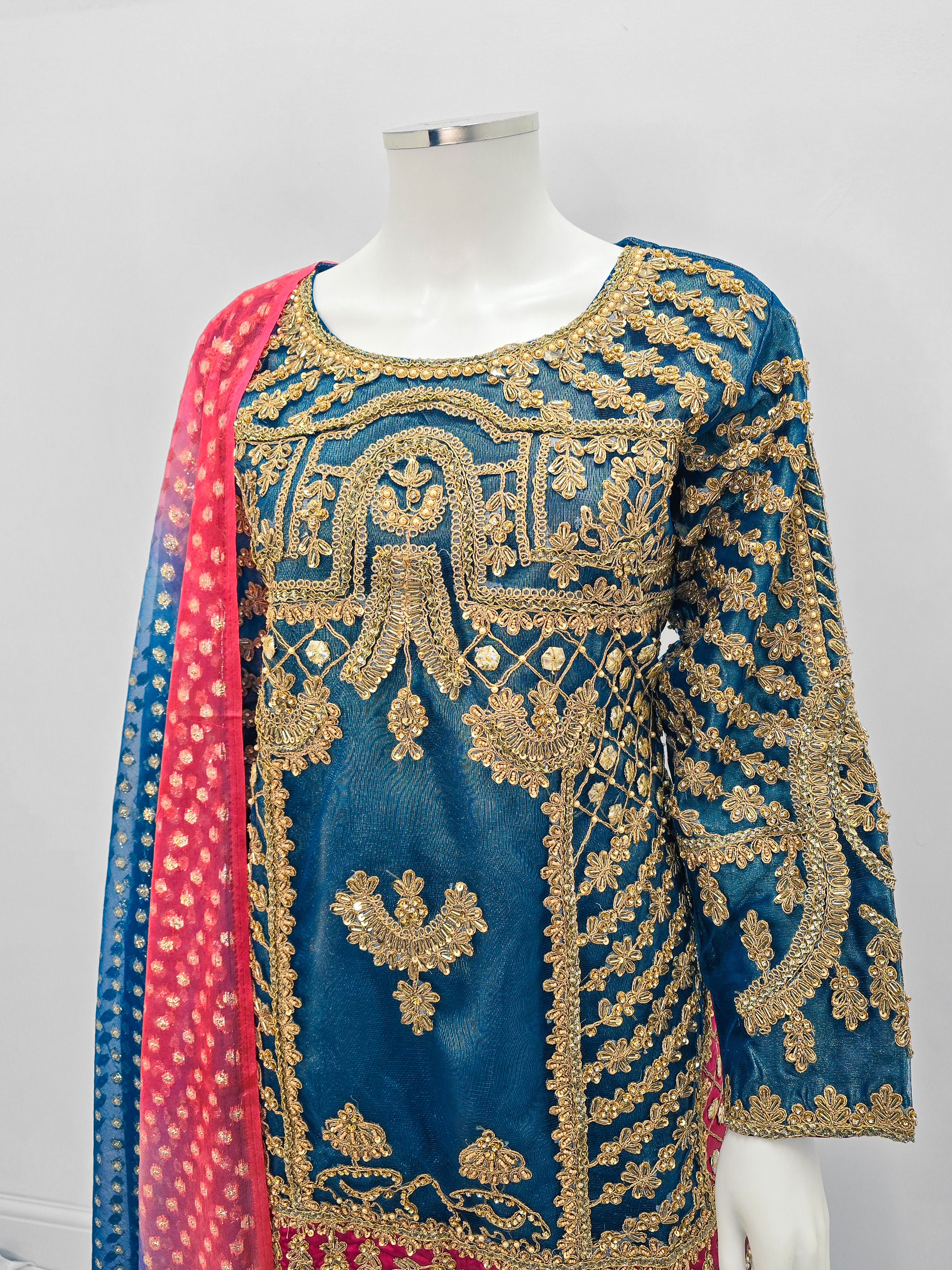 Teal Embroidered Net Suit with Sharara