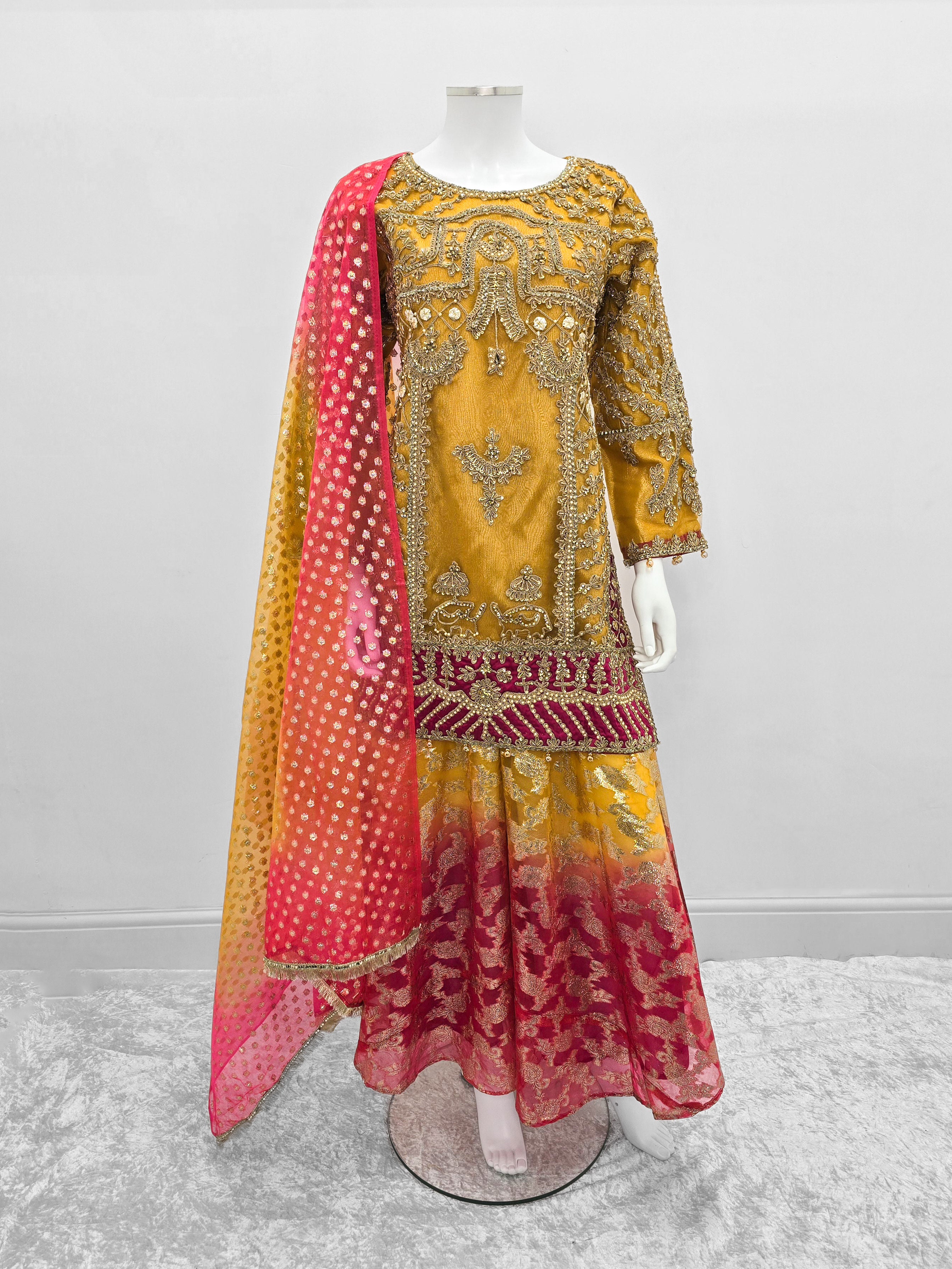 Mustard Embroidered Net Suit with Sharara