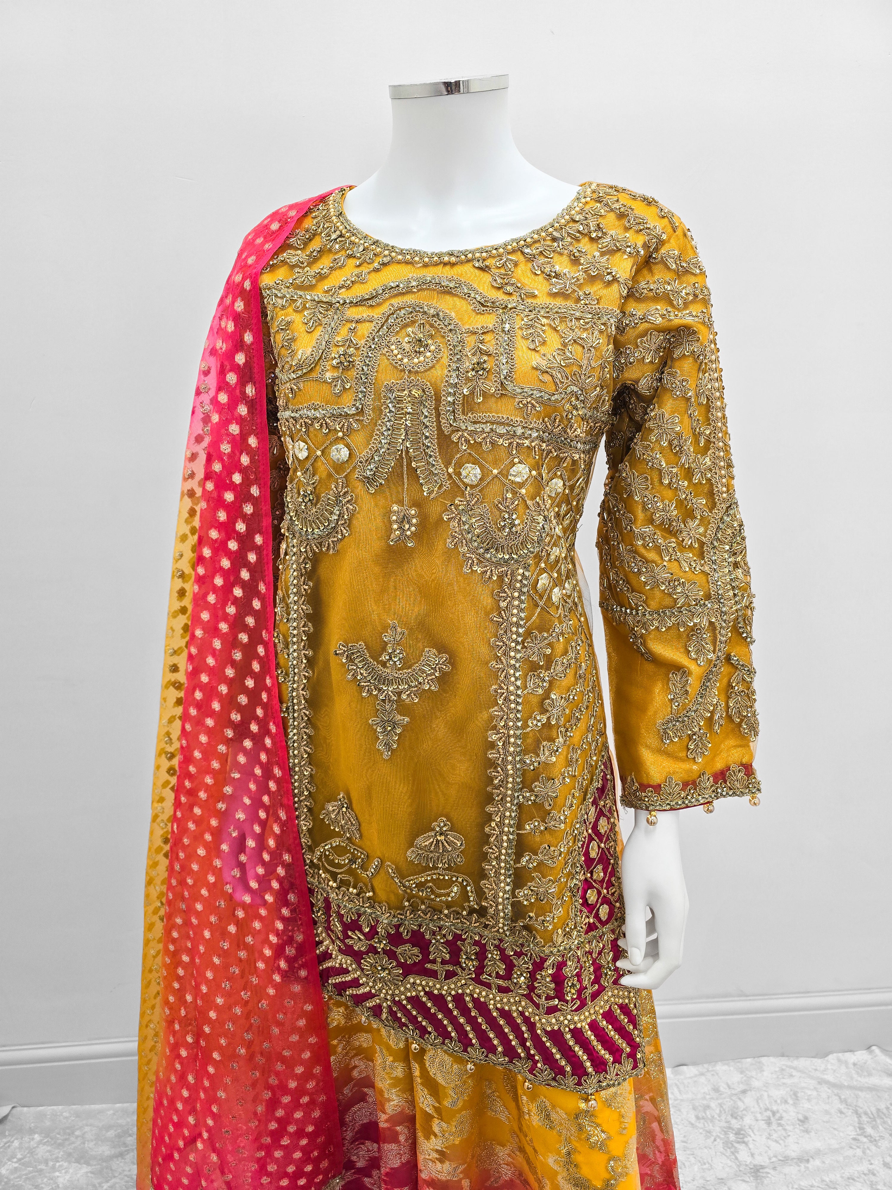 Mustard Embroidered Net Suit with Sharara