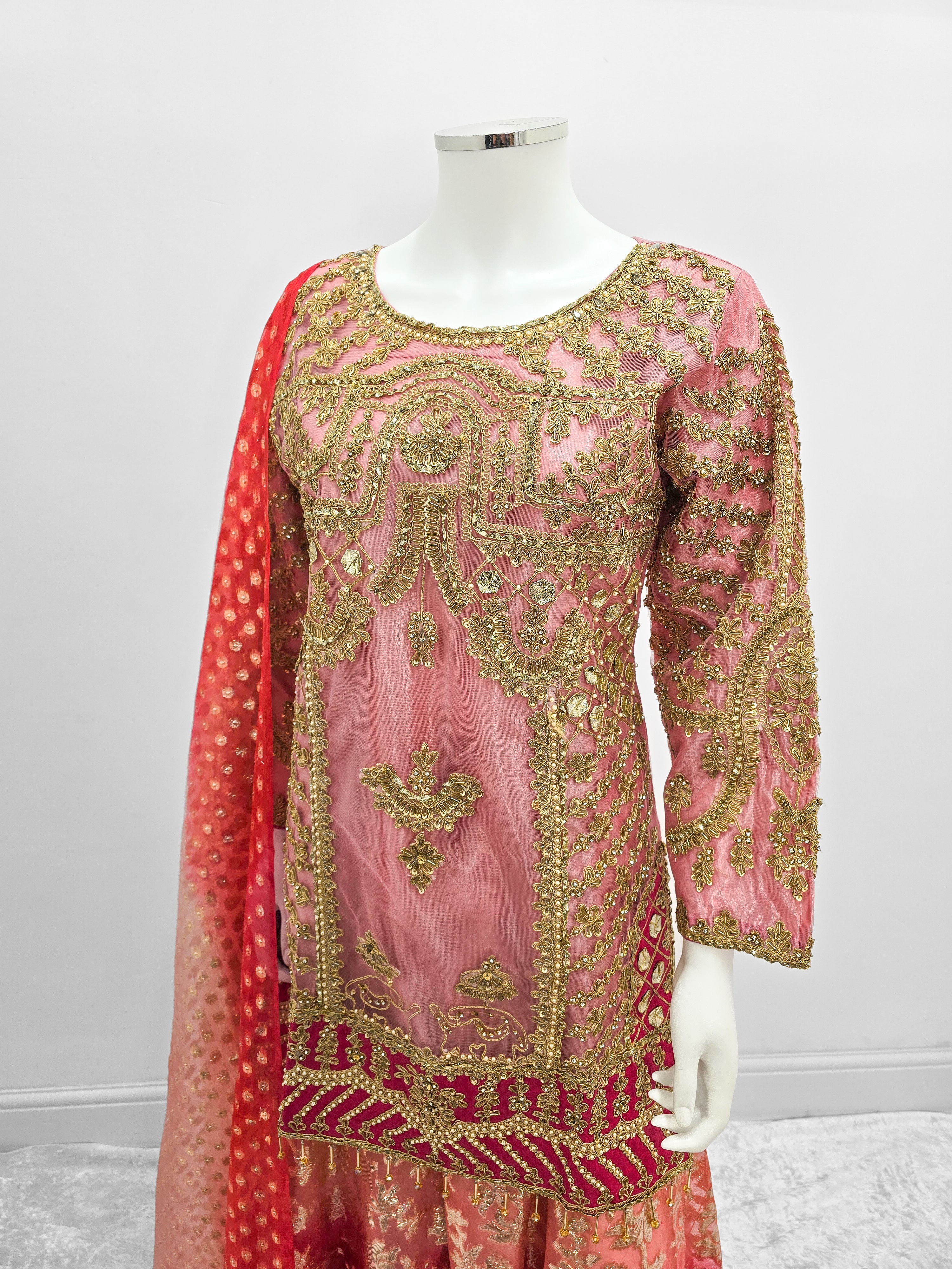 Pink Embroidered Net Suit with Sharara
