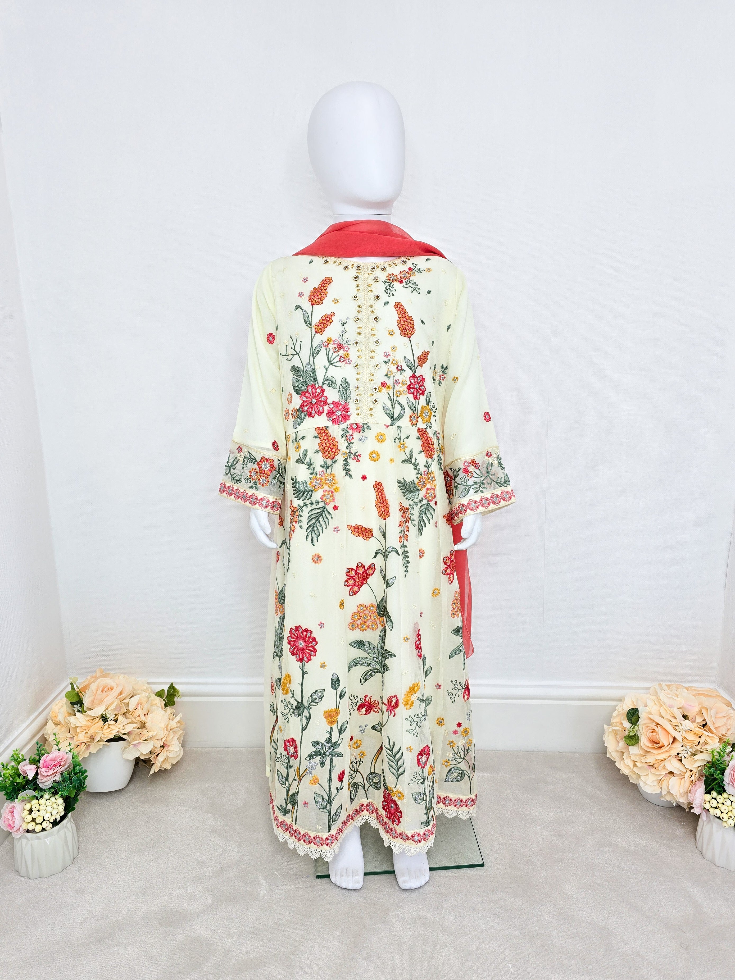 Kids Embroidered Chiffon Long Frock 3-Piece Suit - Cream