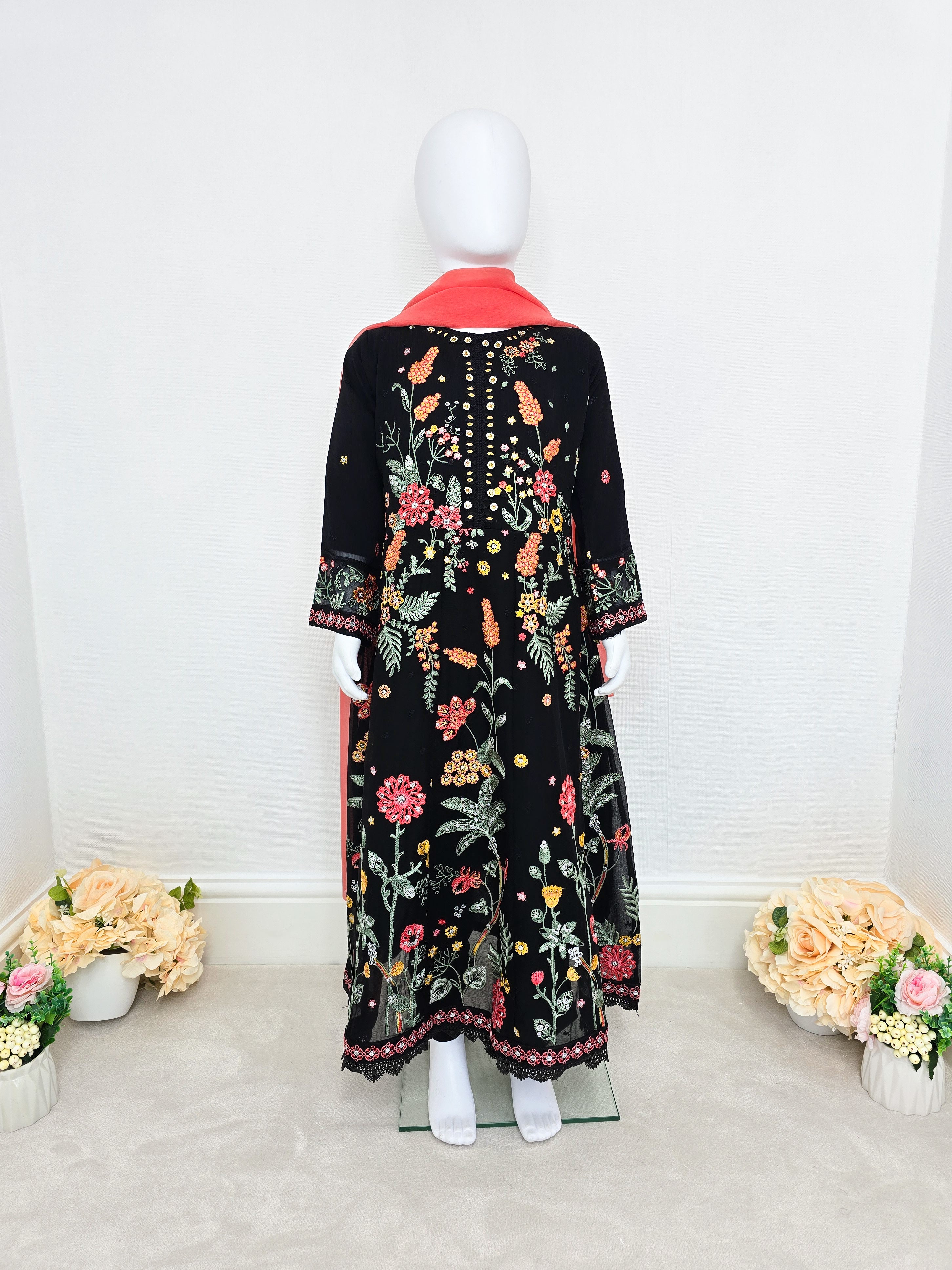 Kids Embroidered Chiffon Long Frock 3-Piece Suit - Black