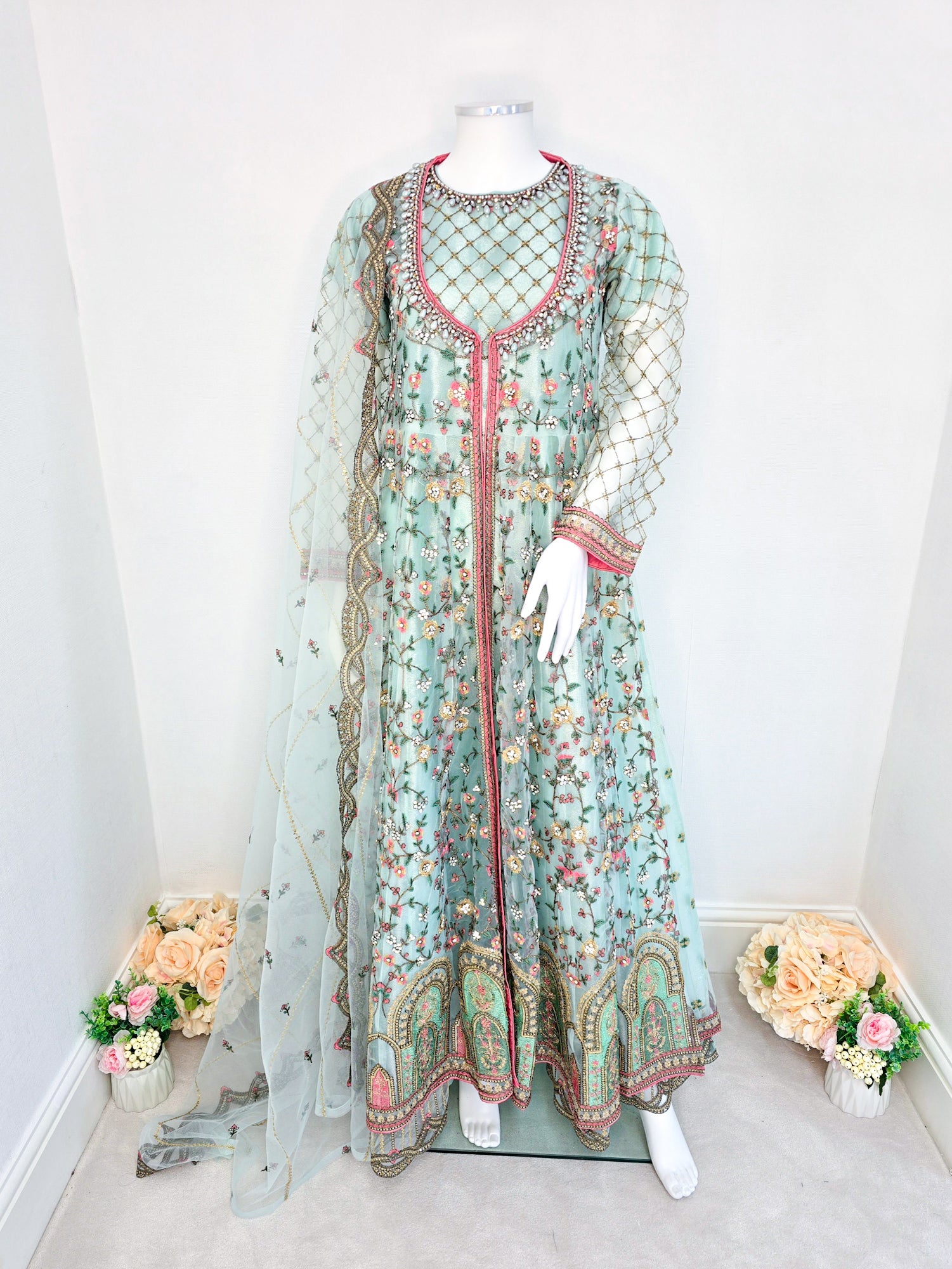 Luxury Embroidered 3pc Gown Suit - Ice-Blue