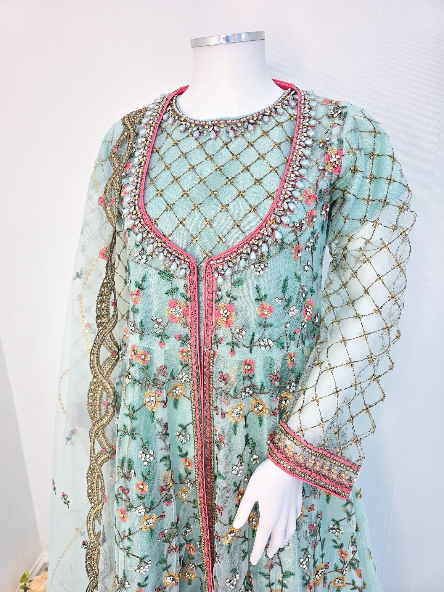 Luxury Embroidered 3pc Gown Suit - Ice-Blue