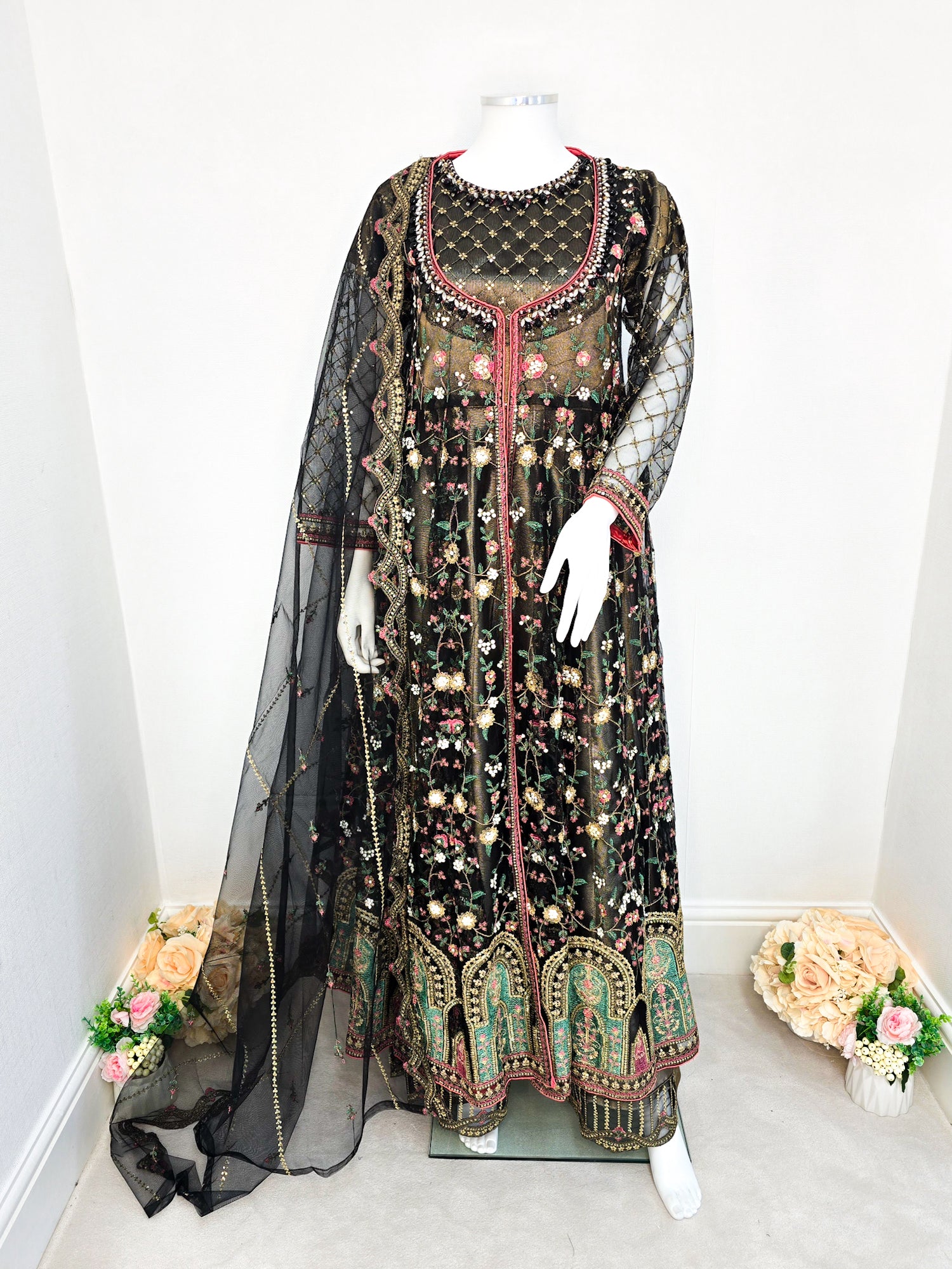 Luxury Embroidered 3pc Gown Suit - Black