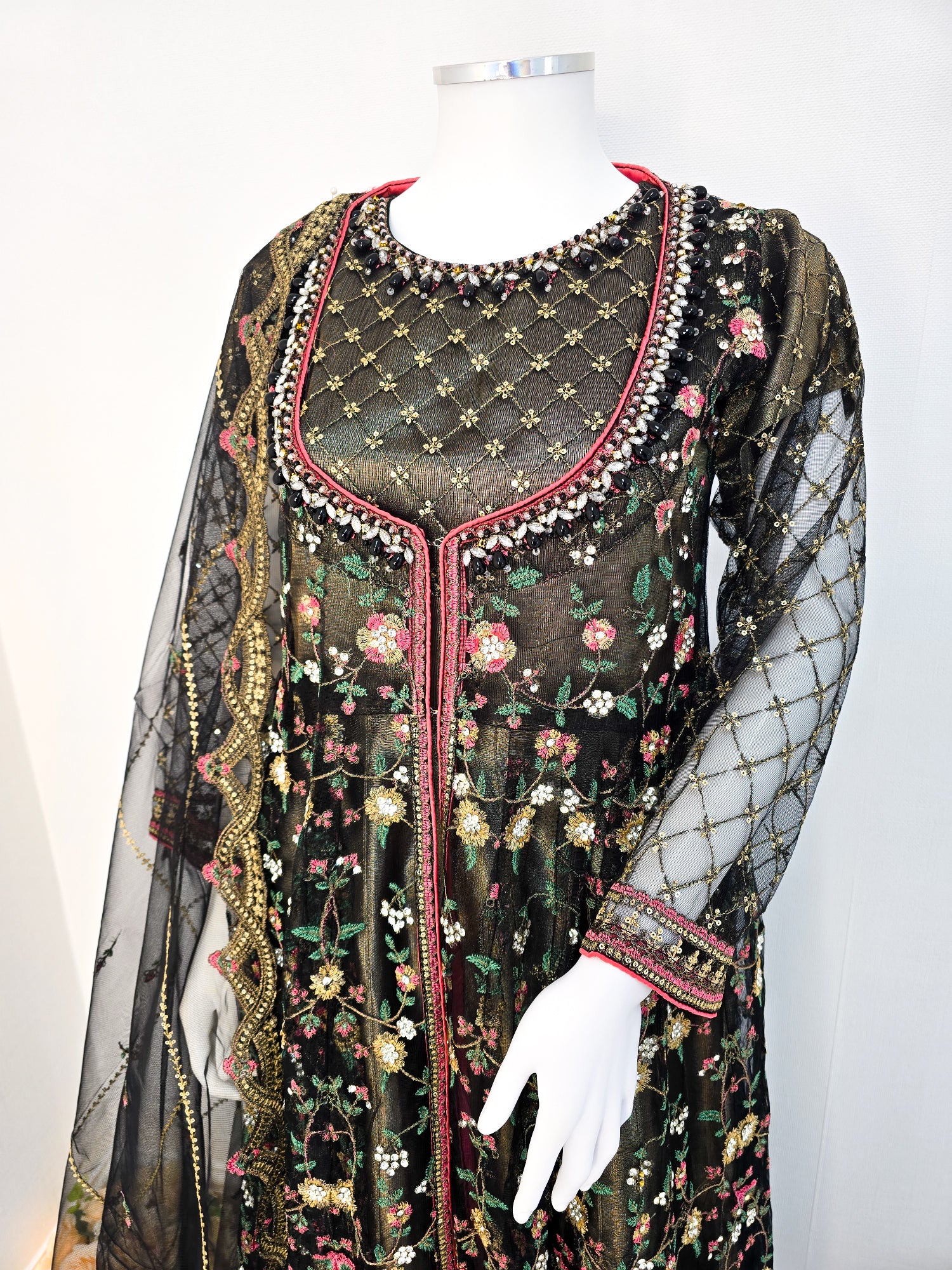 Luxury Embroidered 3pc Gown Suit - Black