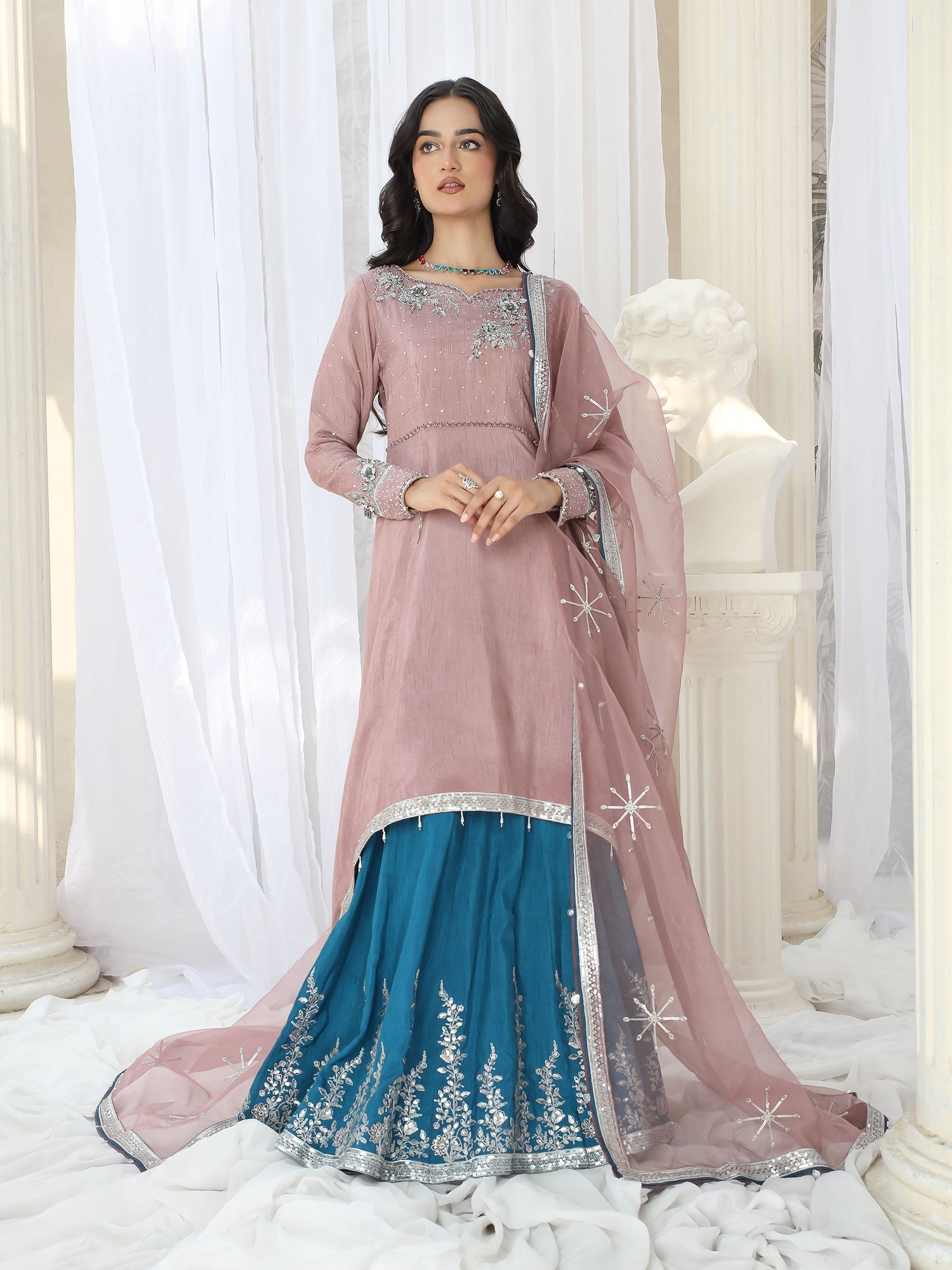 Zarqun Festive Raw Silk 3-Piece Suit - Pink & Teal (2463A)
