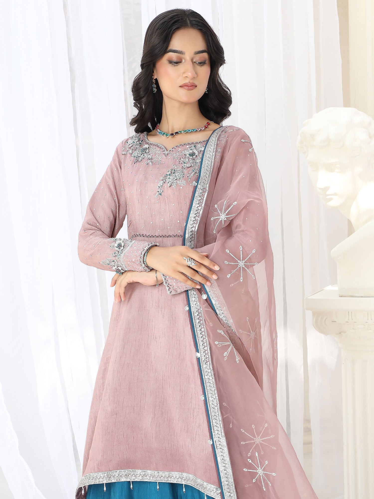 Zarqun Festive Raw Silk 3-Piece Suit - Pink & Teal (2463A)