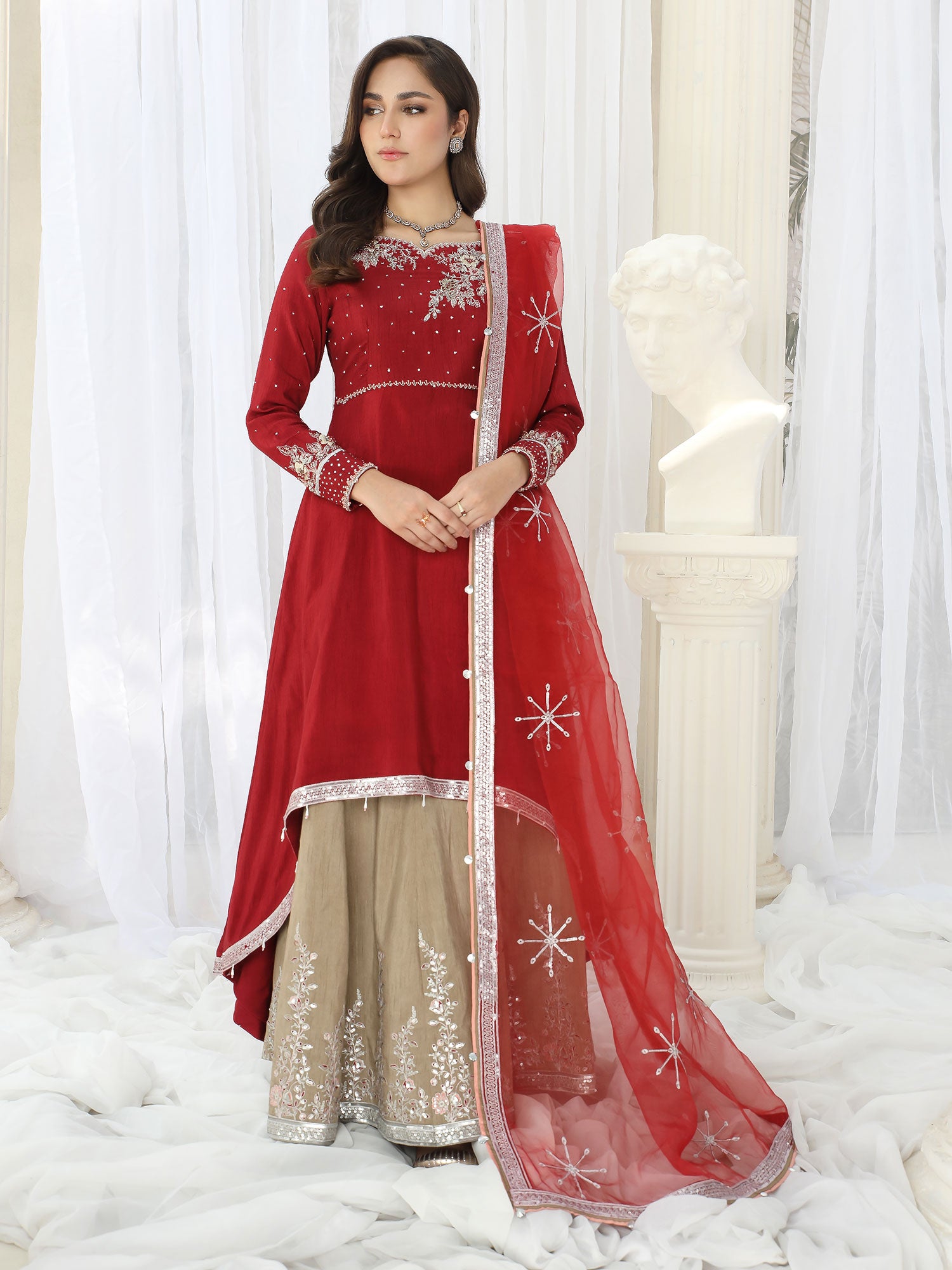 Zarqun Festive Raw Silk 3-Piece Suit - Red (2463B)