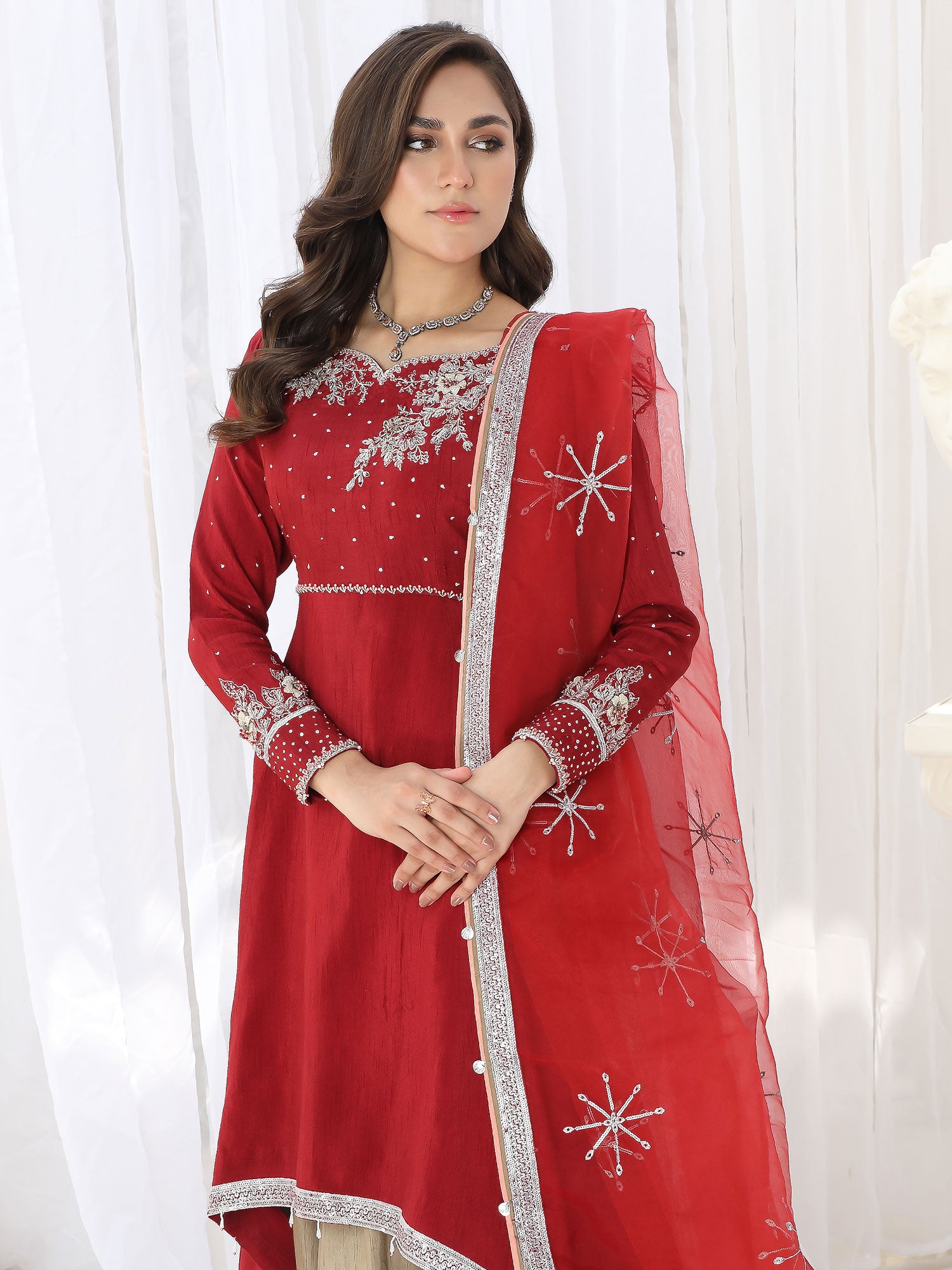 Zarqun Festive Raw Silk 3-Piece Suit - Red (2463B)