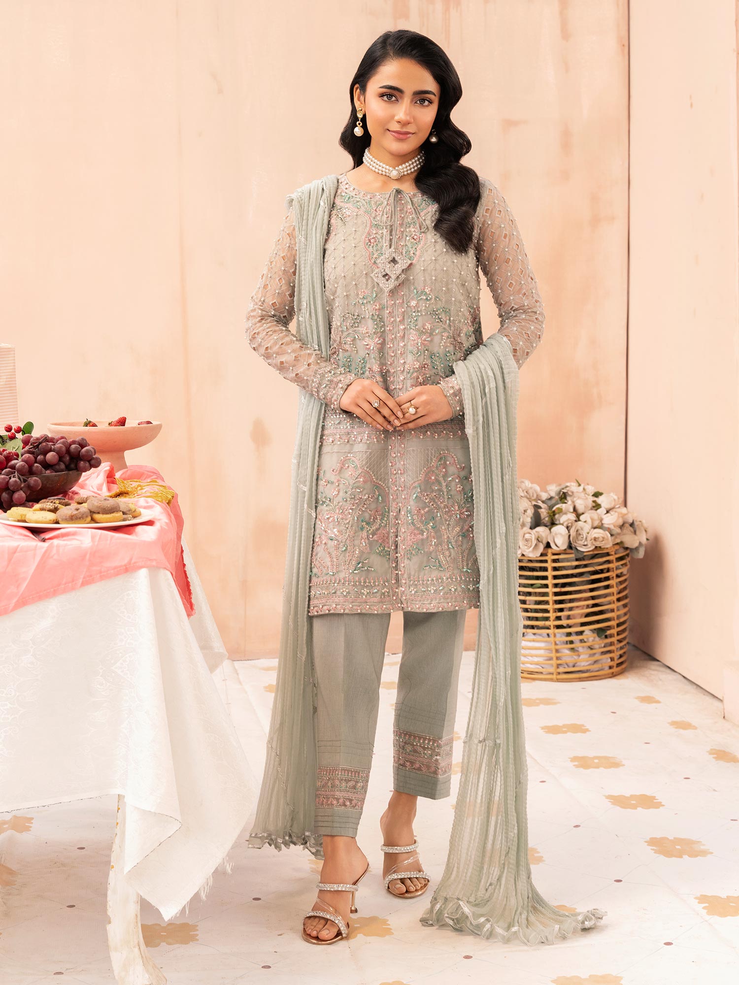Zarqun Luxury Organza 3-Piece Suit - Grey (2520A)
