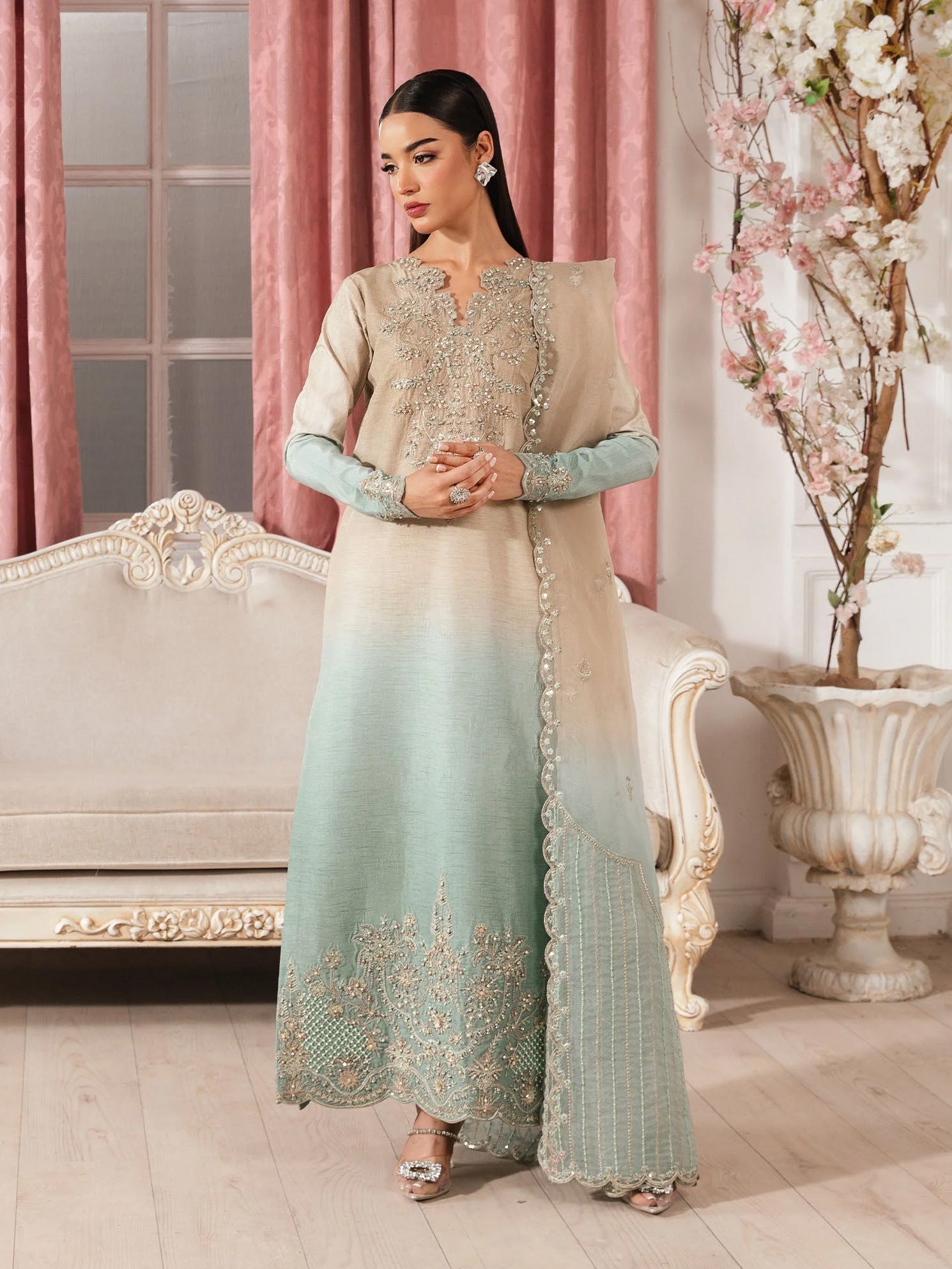 Zarqun Festive Raw Silk Long Shirt 3-Piece Suit - Green Shades (2531A)