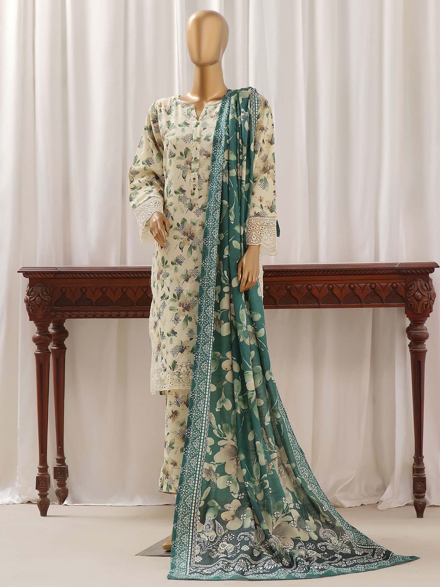 Sadabahar Embroidered Winter Khaddar 3-Piece Suit - Cream & Green