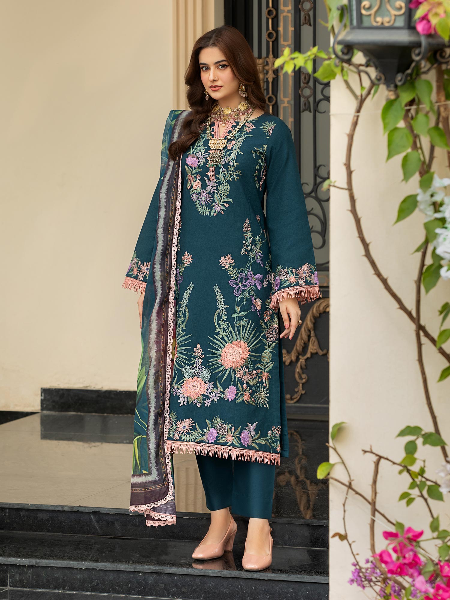 Heera's Teal Luxury Embroidered 3-Piece Suit