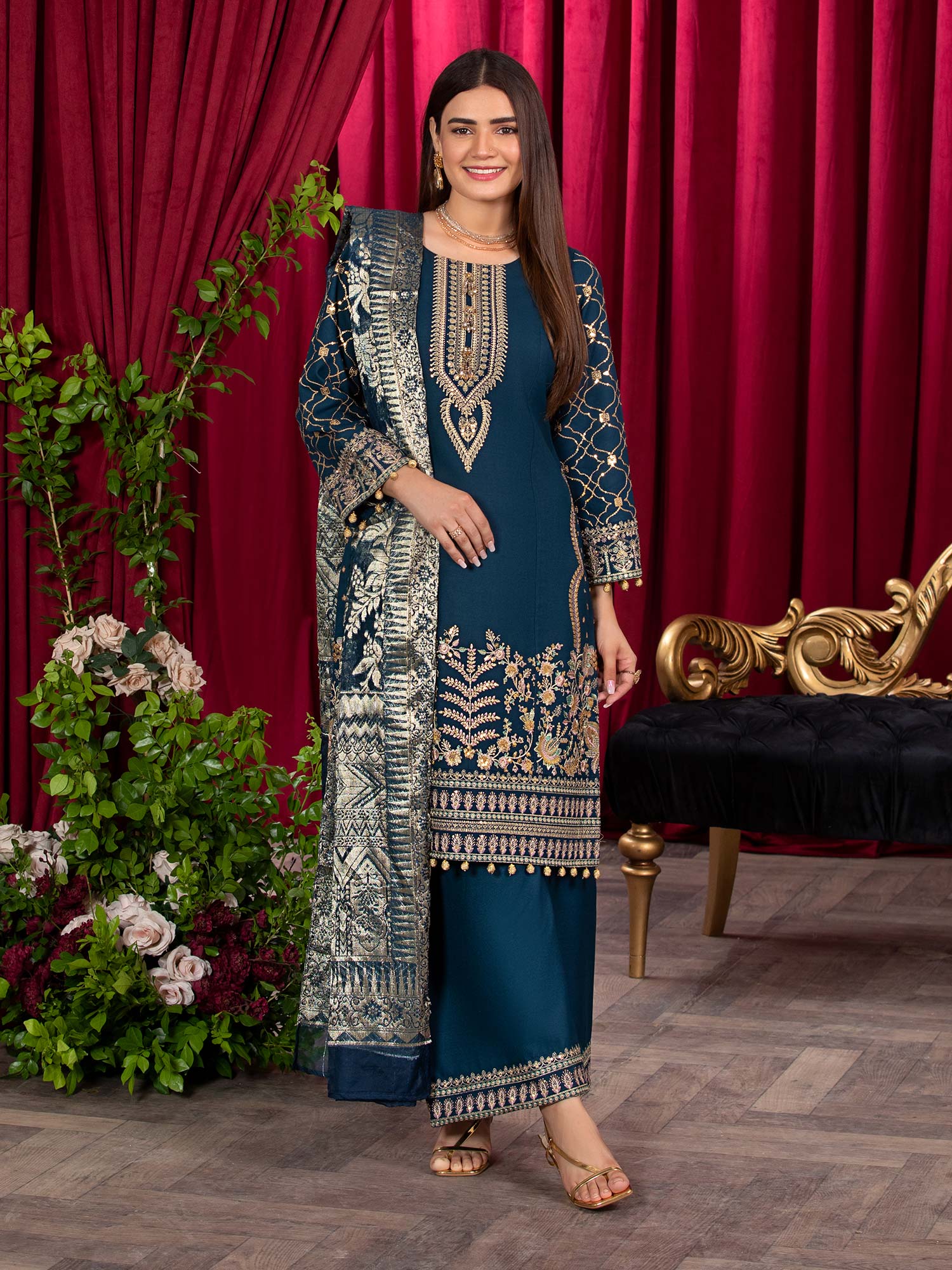 Heera's Zinc Embroidered Linen Suit with Jacquard Shawl
