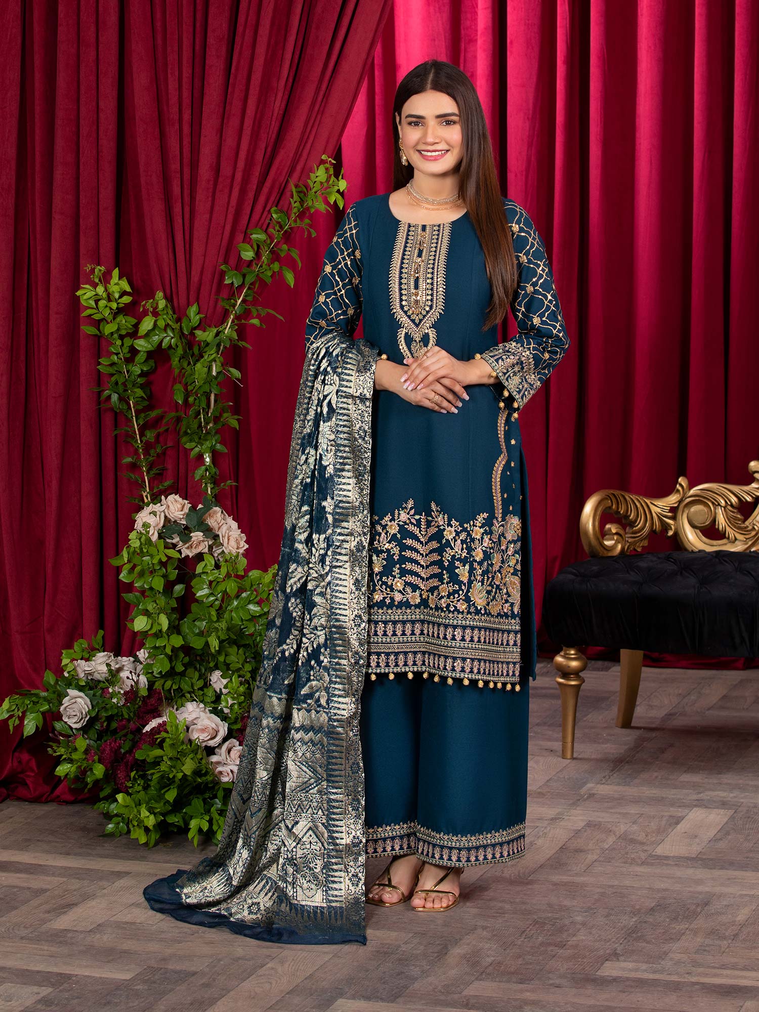 Heera's Zinc Embroidered Linen Suit with Jacquard Shawl