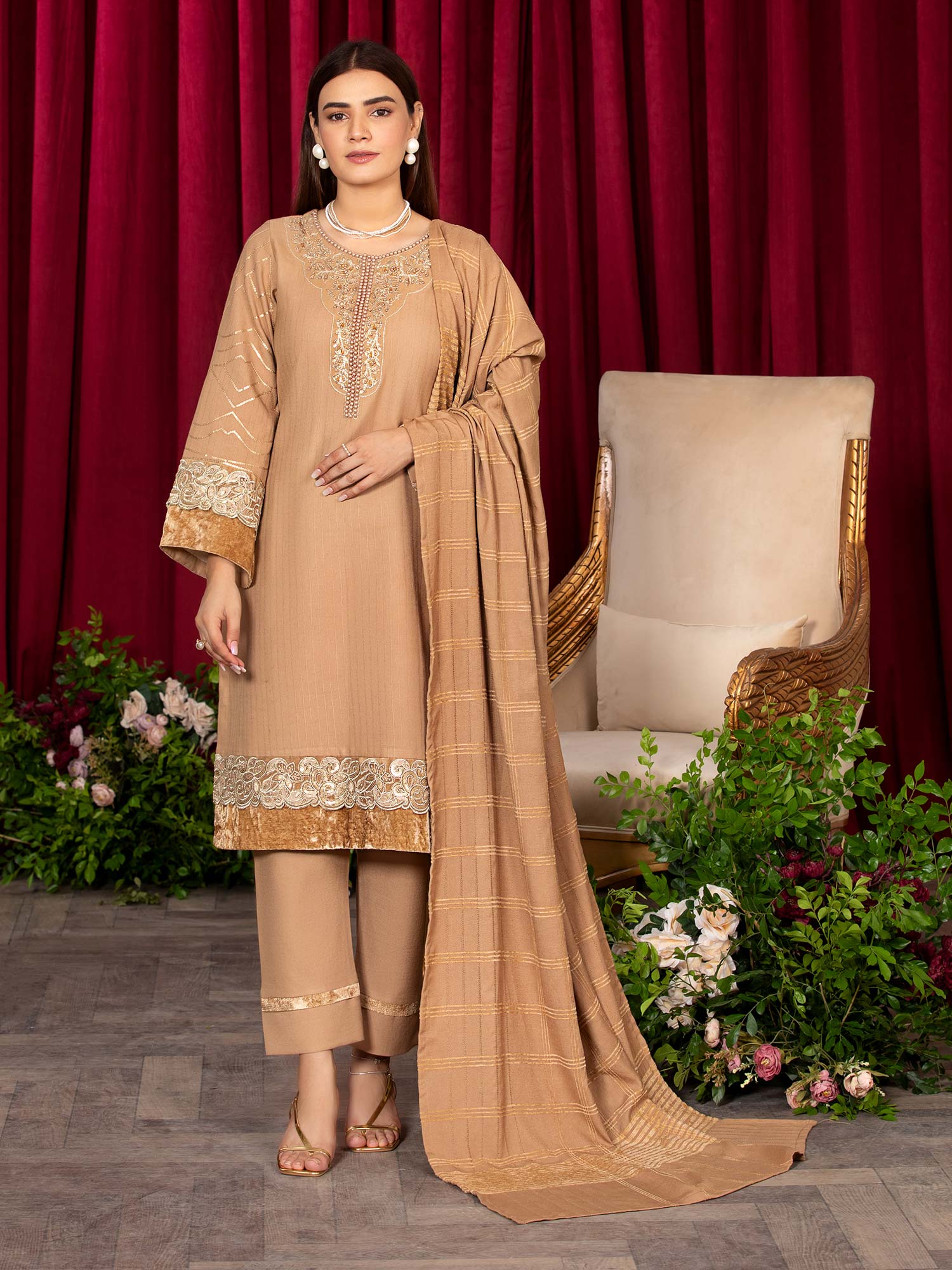 Heera's Gold Linen & Velvet Suit with Pashmina Shawl
