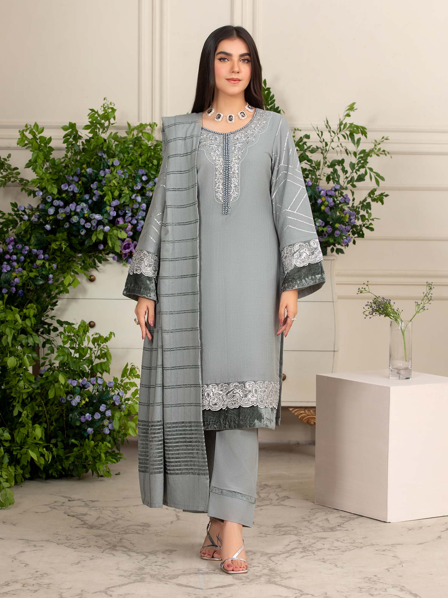 Heera's Grey Linen & Velvet Suit with Pashmina Shawl