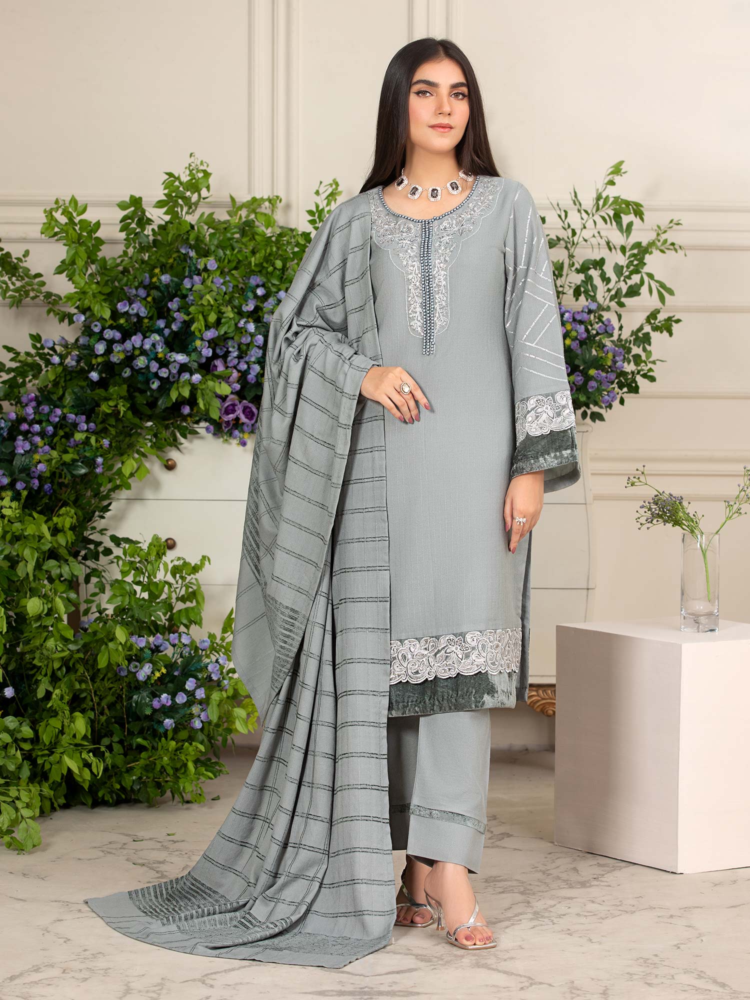 Heera's Grey Linen & Velvet Suit with Pashmina Shawl