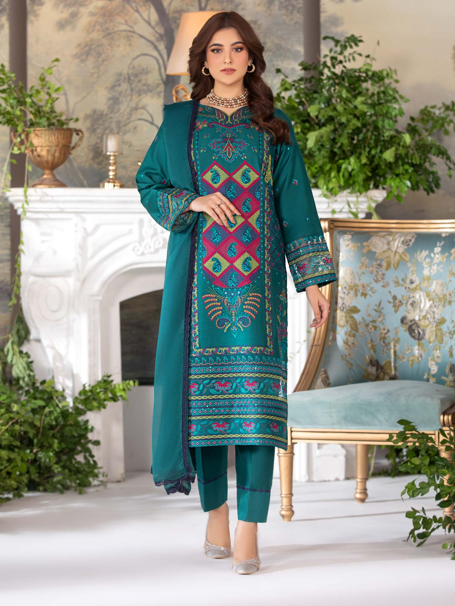 Heera's Green Luxury Embroidered Winter Linen Suit