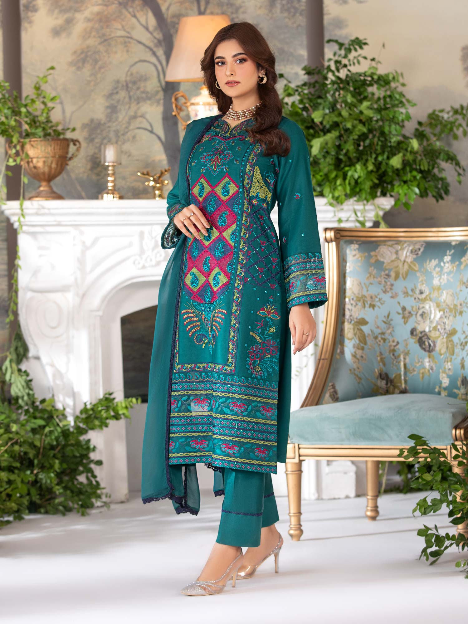 Heera's Green Luxury Embroidered Winter Linen Suit