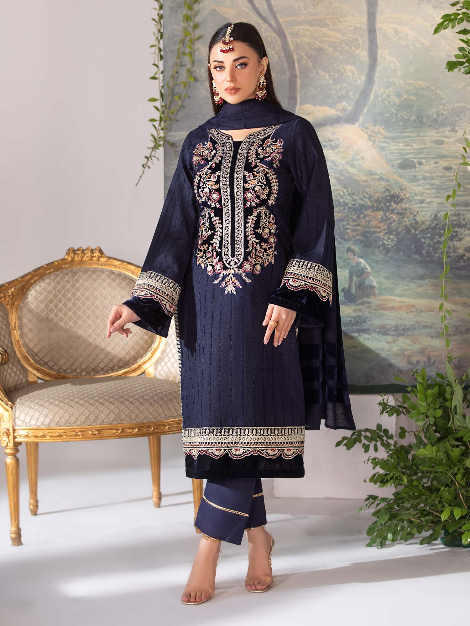Heera's Navy Linen & Velvet Suit with Pashmina Shawl