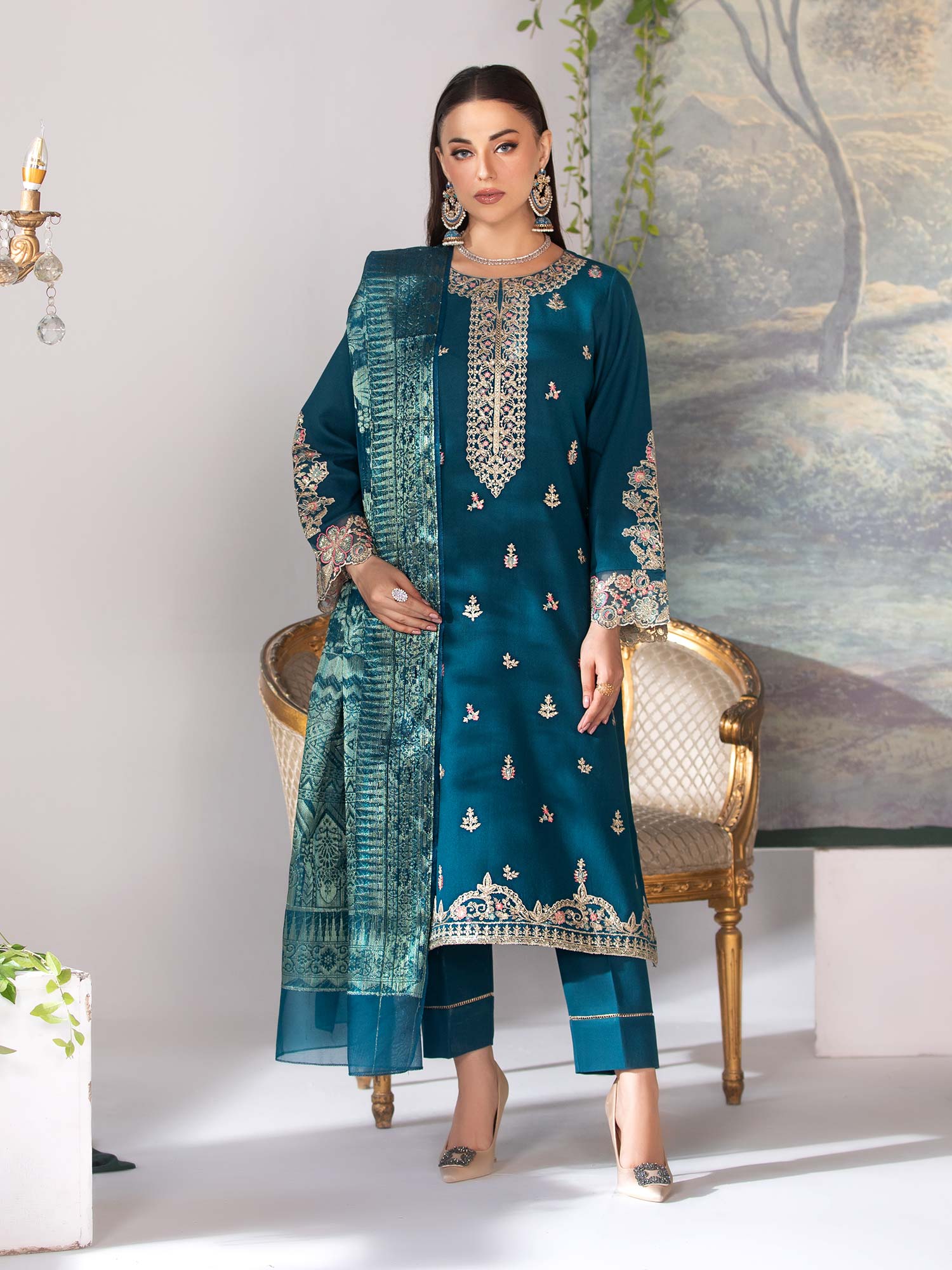 Heera's Teal Embroidered Linen Suit with Jacquard Shawl