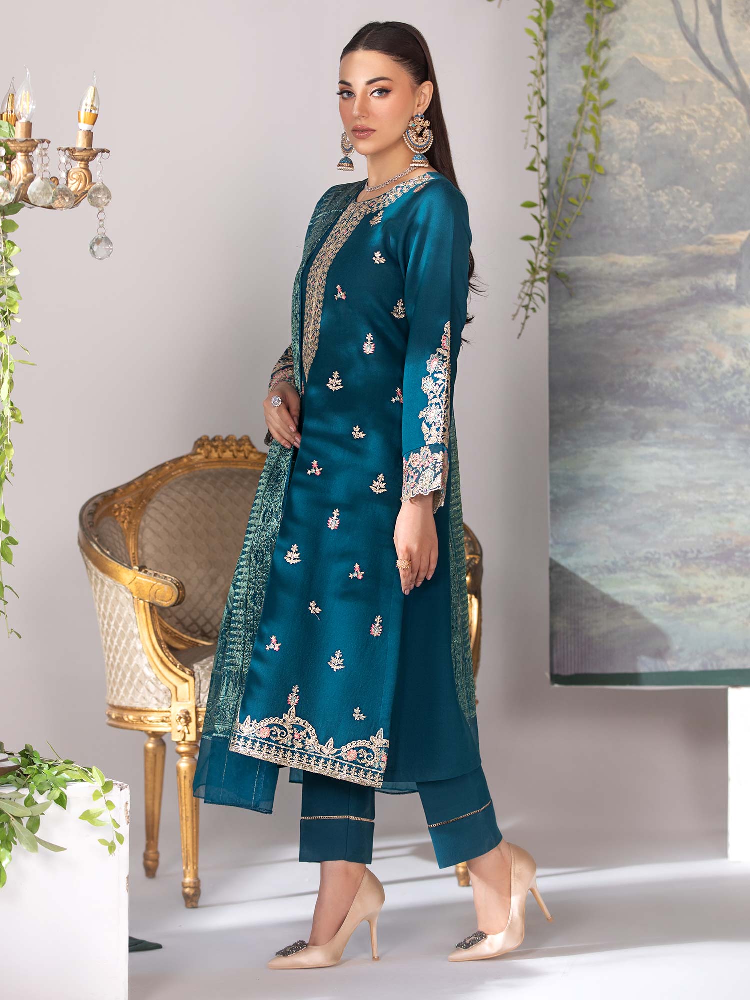 Heera's Teal Embroidered Linen Suit with Jacquard Shawl