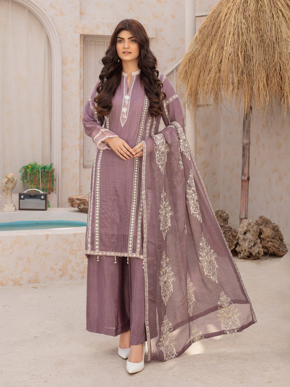 Mauve Harmony Luxury Embroidered Chiffon Suit