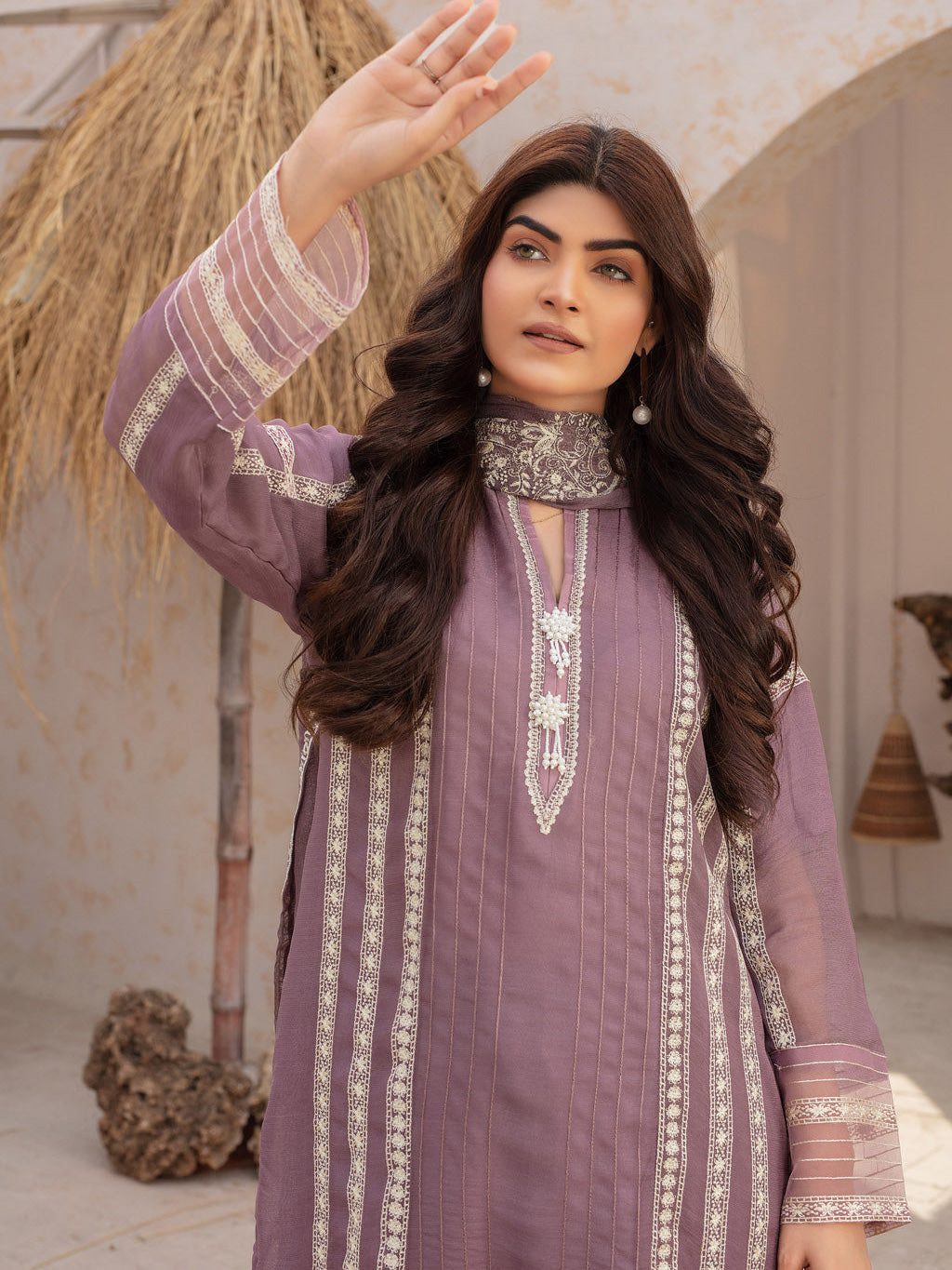Mauve Harmony Luxury Embroidered Chiffon Suit
