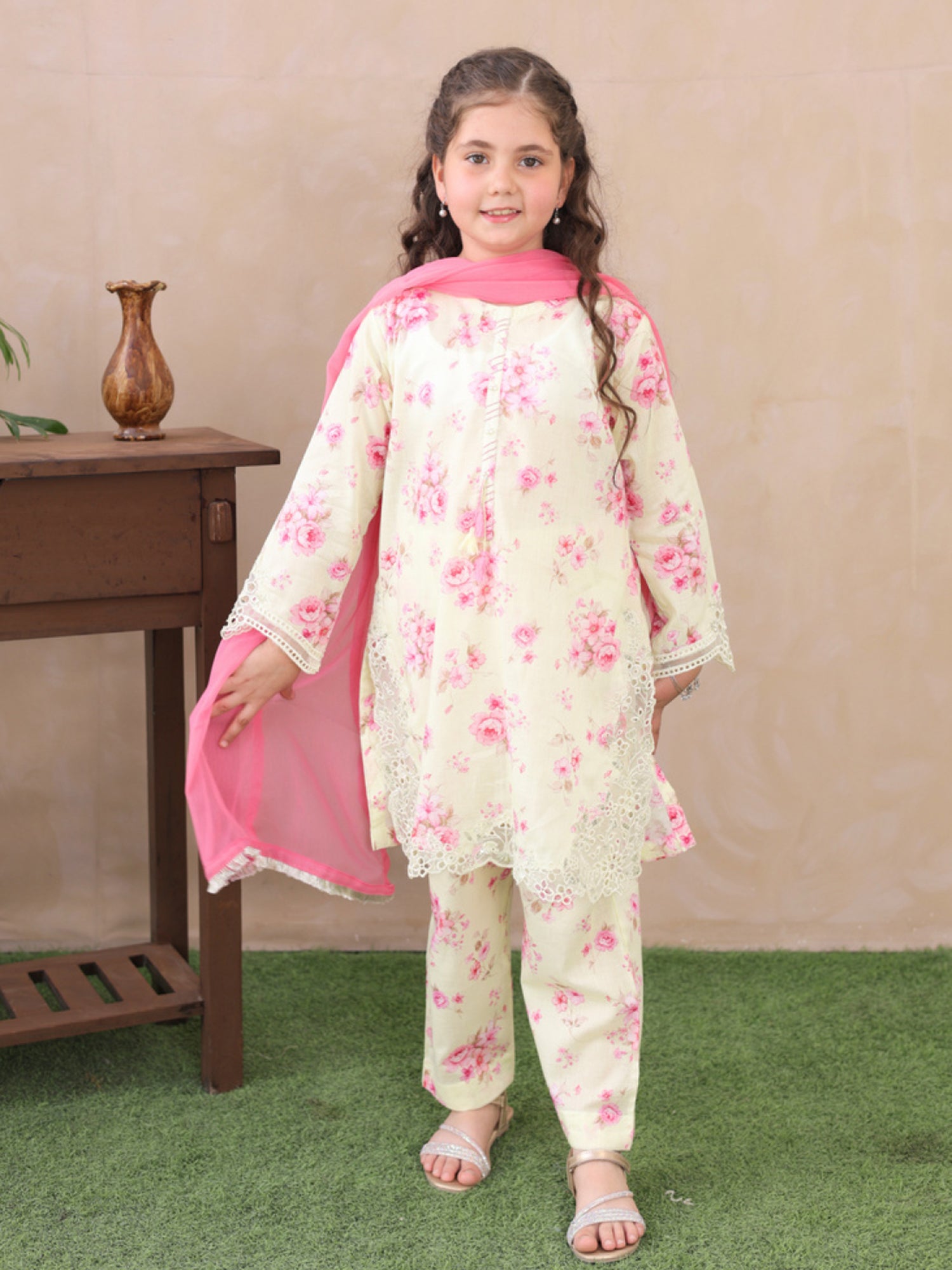 Kids Cream Embroidered Lawn 3-Piece Co-ords Set