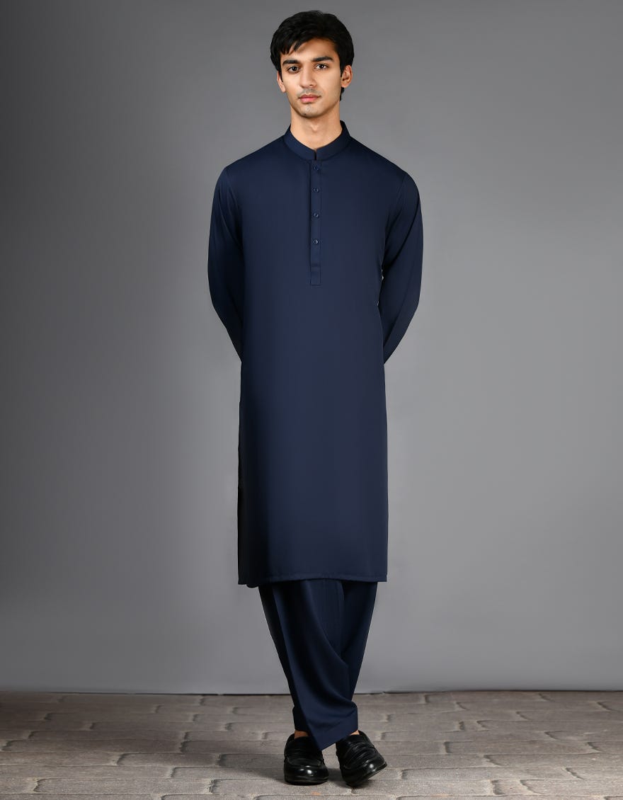 J. Mens Navy Blue Blended Casual Kameez Shalwar